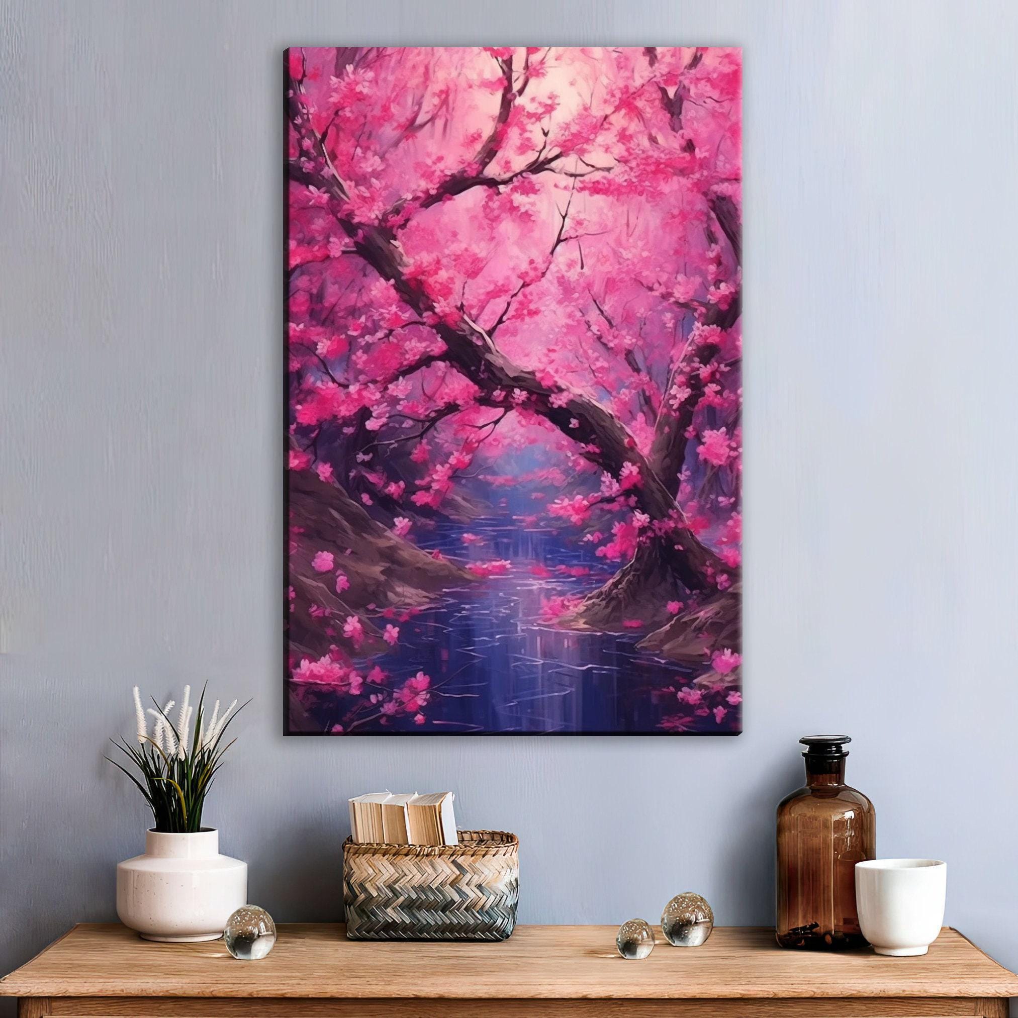 Cherry Blossom Canvas – Large Floral Wall Art | Sakura Pink Purple Flowers Print