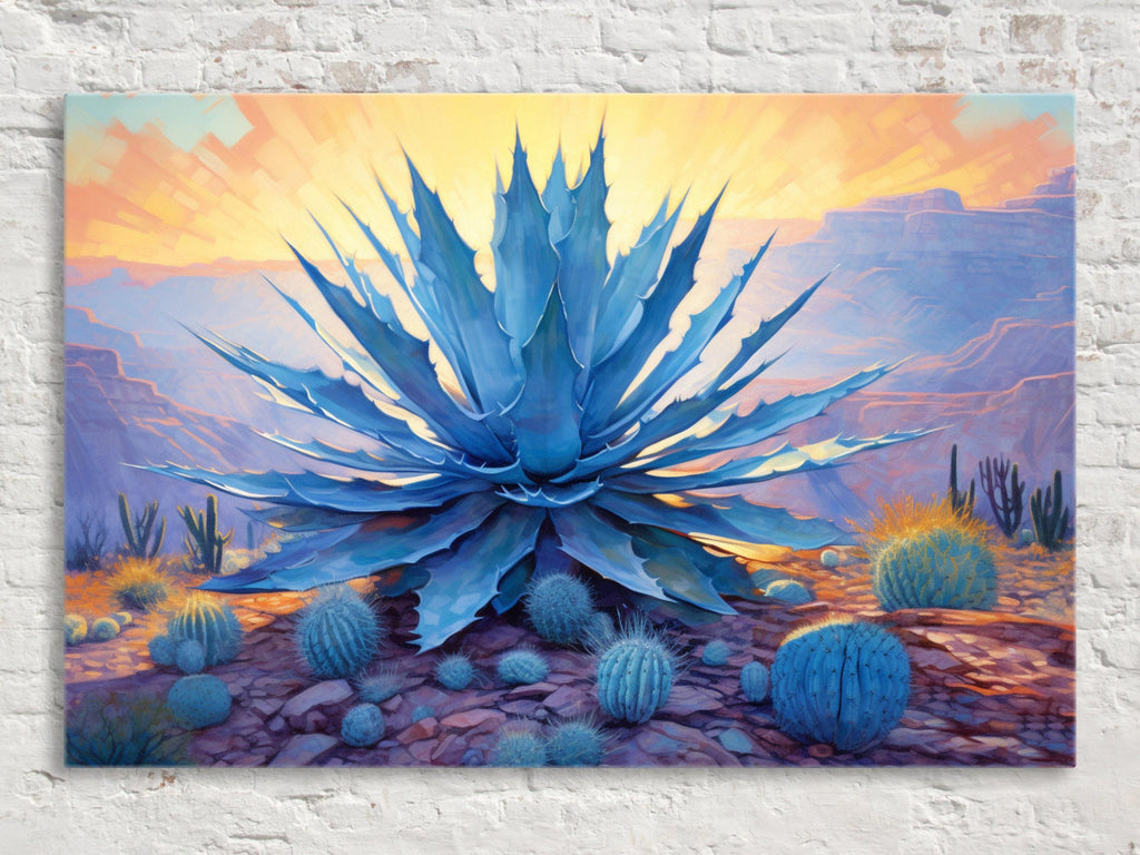 Desert Canvas Art – Southwest Agave Art with Blue Agave Painting & Barrel Cactus Print
