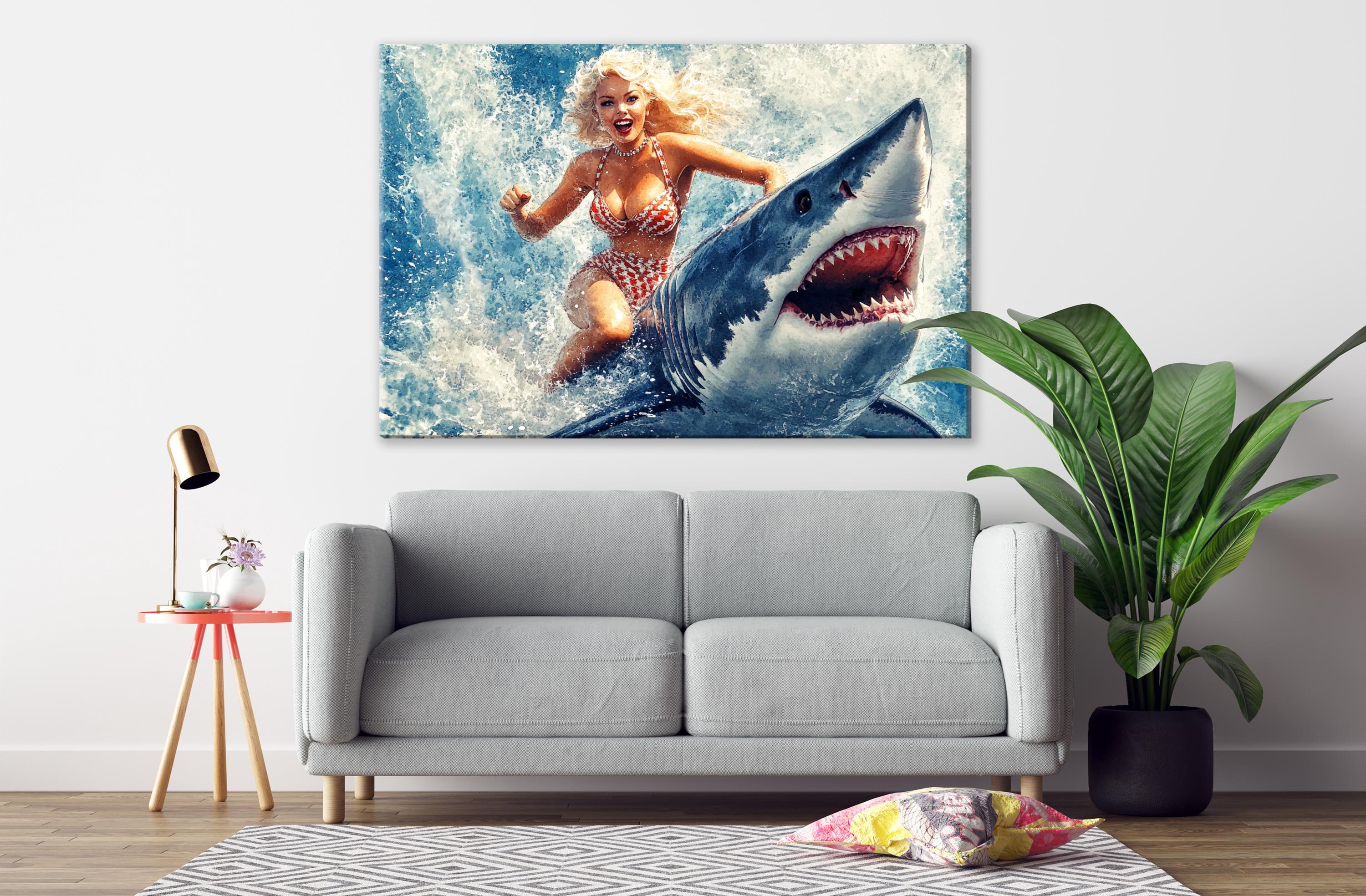 a woman in a bathing suit riding a shark in a living room