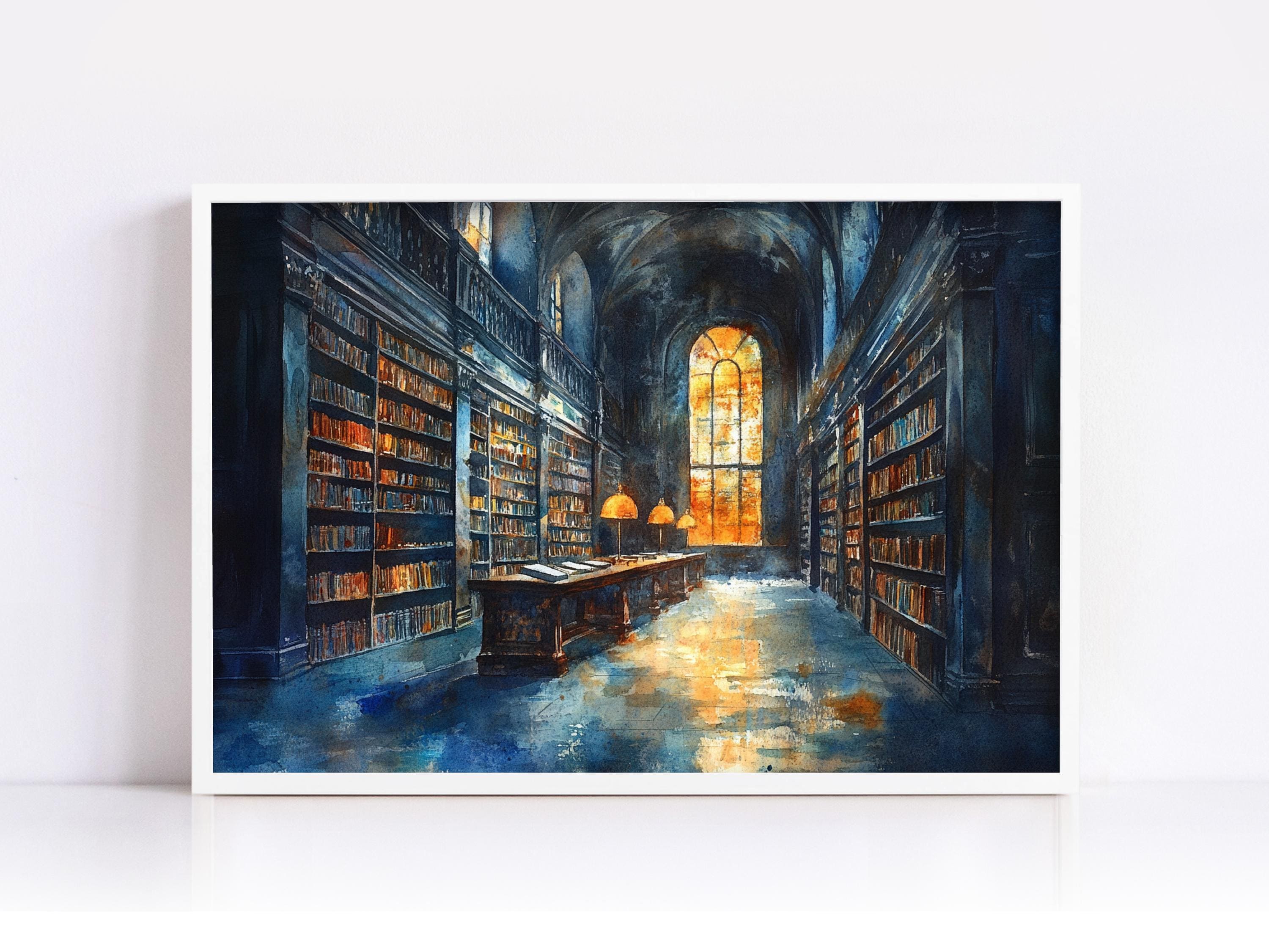 a grand library with tall bookshelves lining the walls, illuminated by warm lighting that creates a cozy and inviting atmosphere.