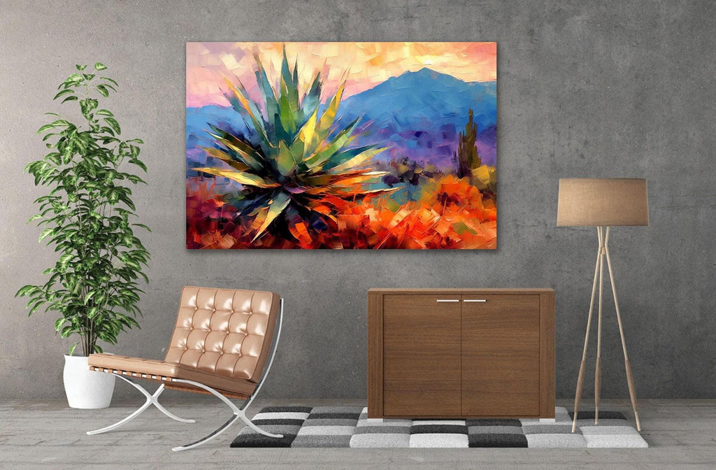 a modern living room with a large abstract painting of a colorful cactus plant hanging on the wall. The painting is vibrant and eye-catching, adding a lively touch to the room. The living room is furnished with a leather chair, a wooden cabinet, and a floor lamp, creating a cozy and stylish atmosphere.