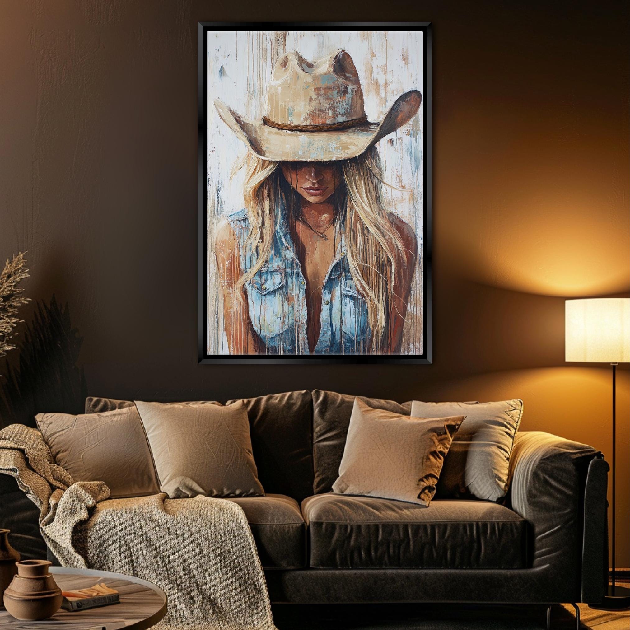 a painting of a woman wearing a cowboy hat