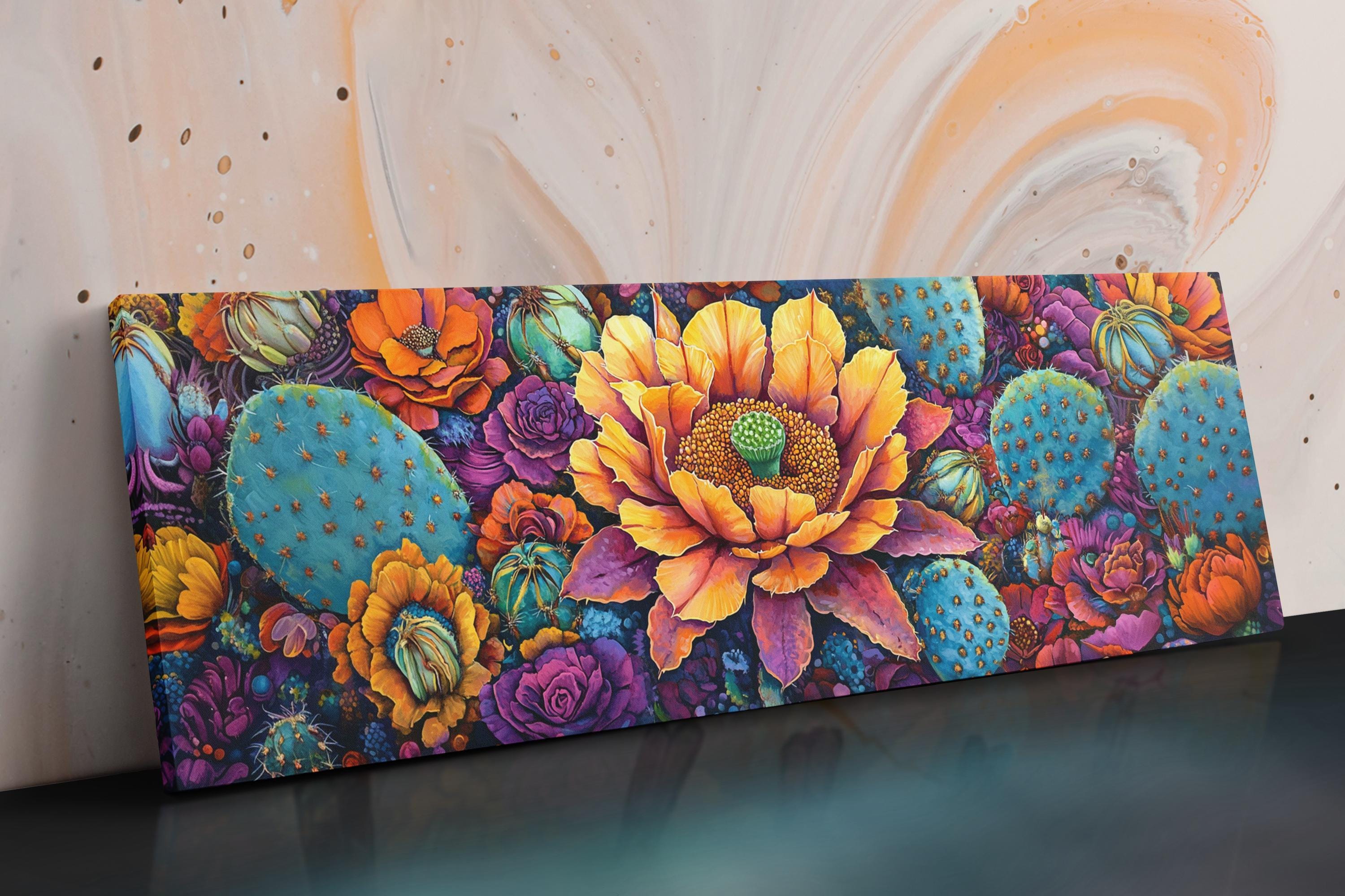 Desert Cactus Wall Art – Panoramic Framed Canvas | Oversized Saguaro Bloom Print