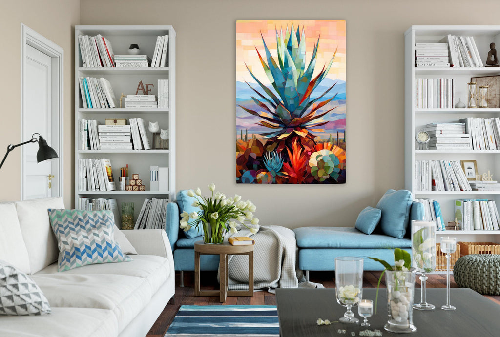 a cozy living room with a large abstract painting of a colorful cactus on the wall. The room is furnished with a white sofa, a blue armchair, and a wooden coffee table. The walls are decorated with white bookshelves, and the room is illuminated by a lamp and natural light.