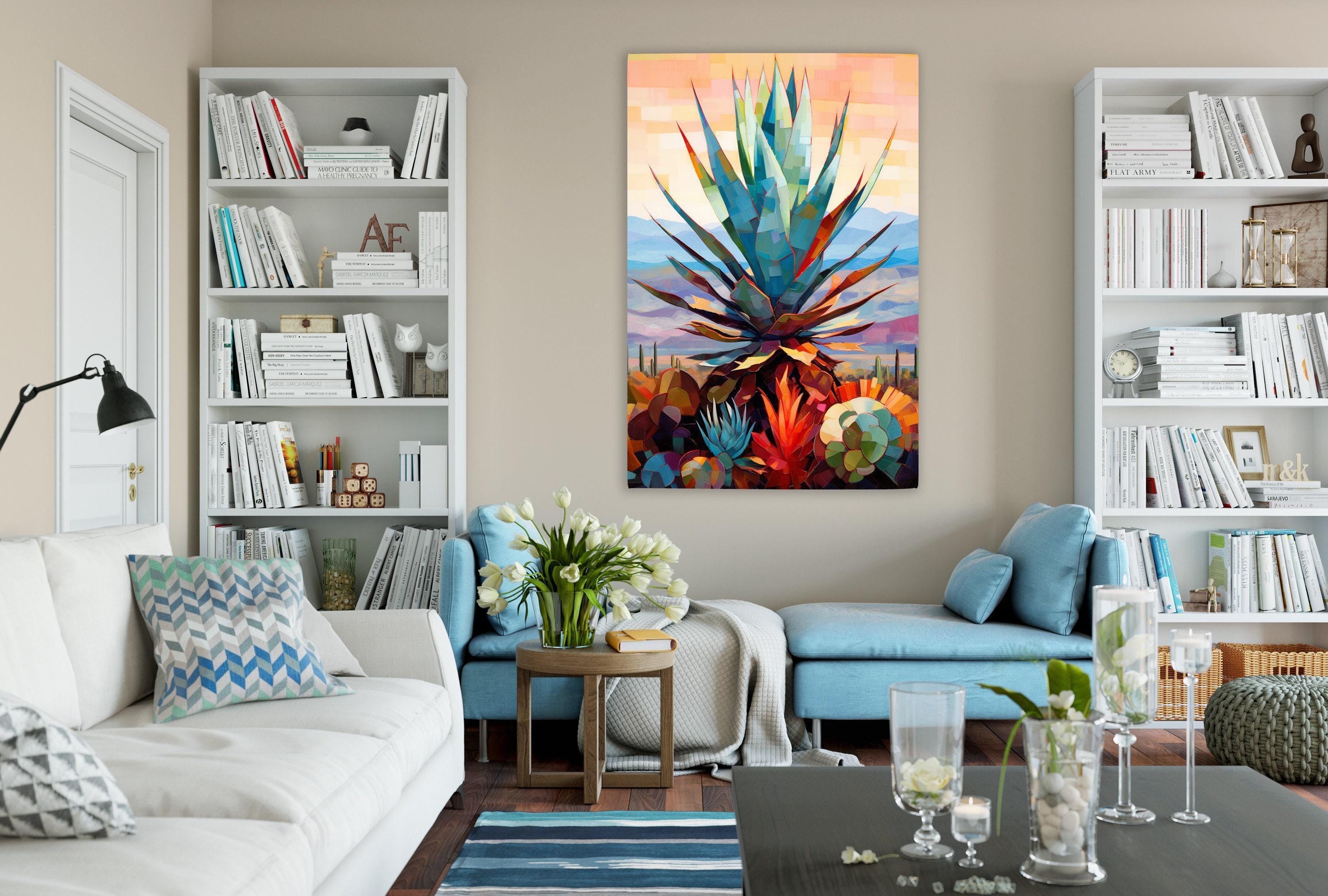 a cozy living room with a large abstract painting of a colorful cactus on the wall. The room is furnished with a white sofa, a blue armchair, and a wooden coffee table. The walls are decorated with white bookshelves, and the room is illuminated by a lamp and natural light.