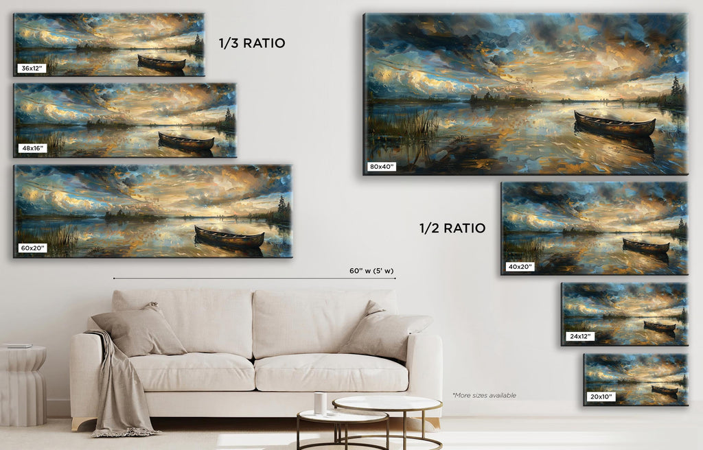 a living room with a white couch and paintings on the wall