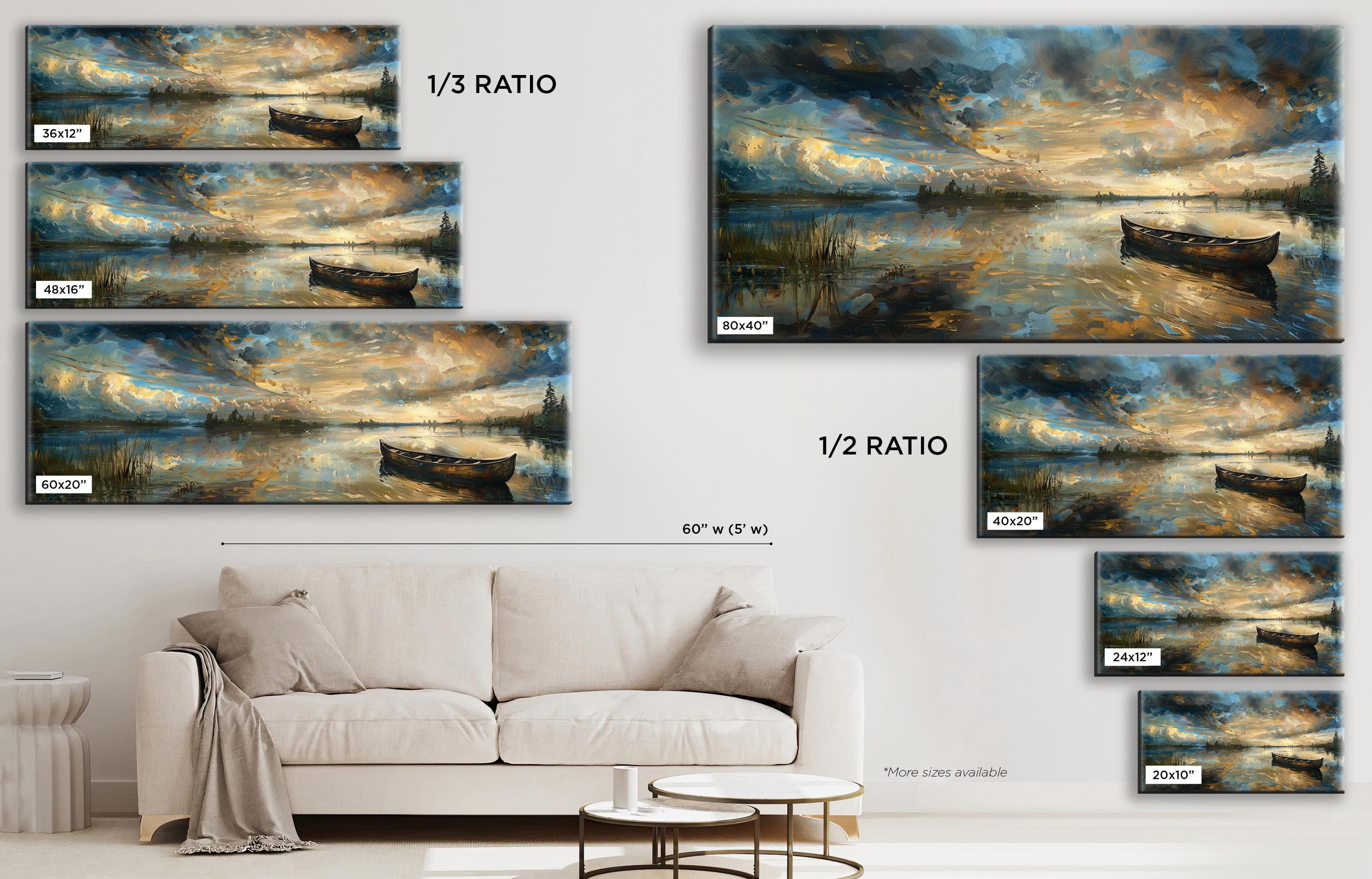 a living room with a white couch and paintings on the wall