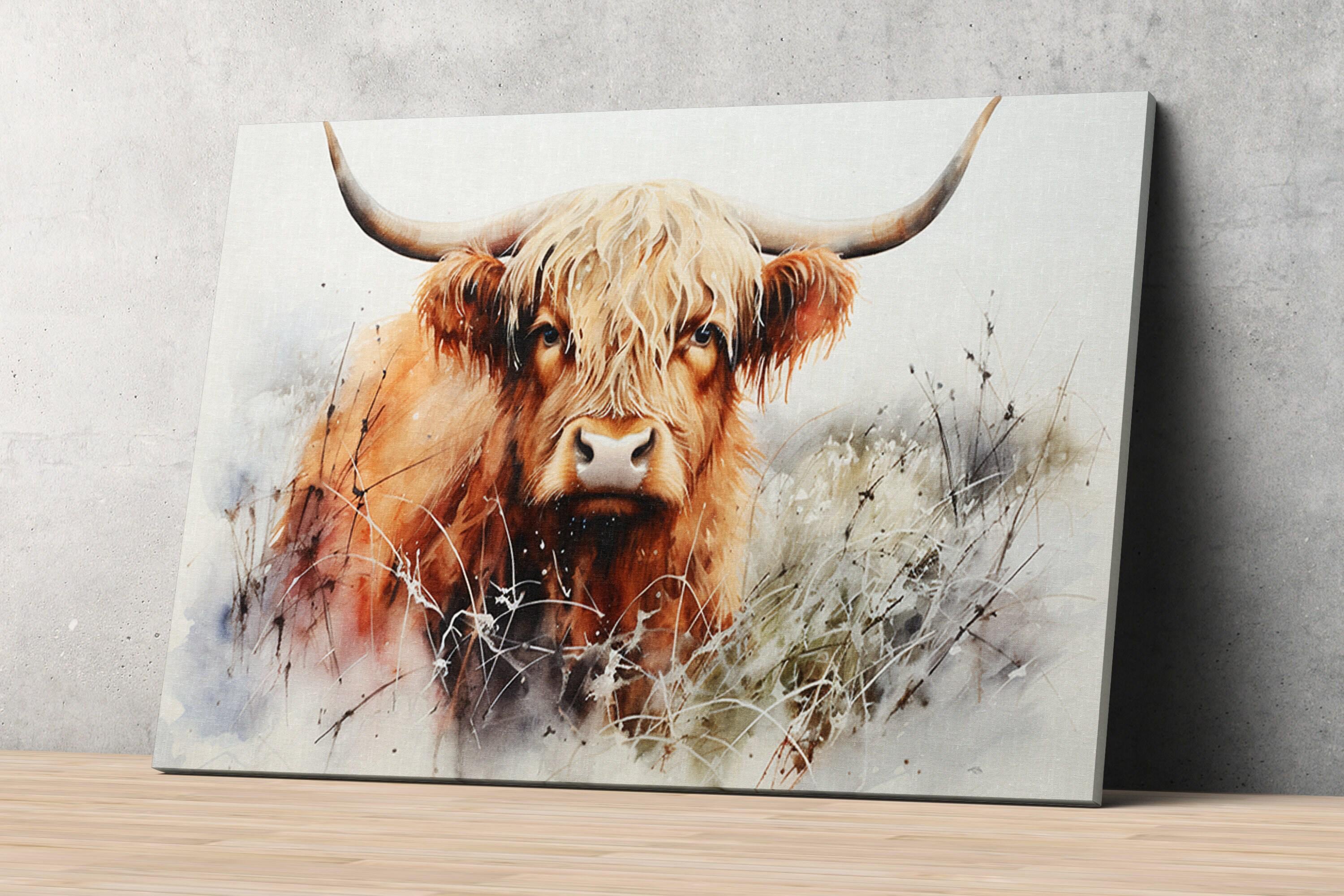 Watercolor Highland Cow Wall Art Print, Giclee Print on Canvas, Artist Paper, Watercolor Paper, Available in Extra Large Sizes