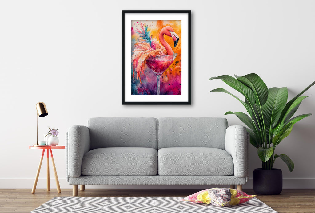 a vibrant painting of a flamingo in a glass of wine, hanging on a white wall above a gray sofa in a cozy living room setting.