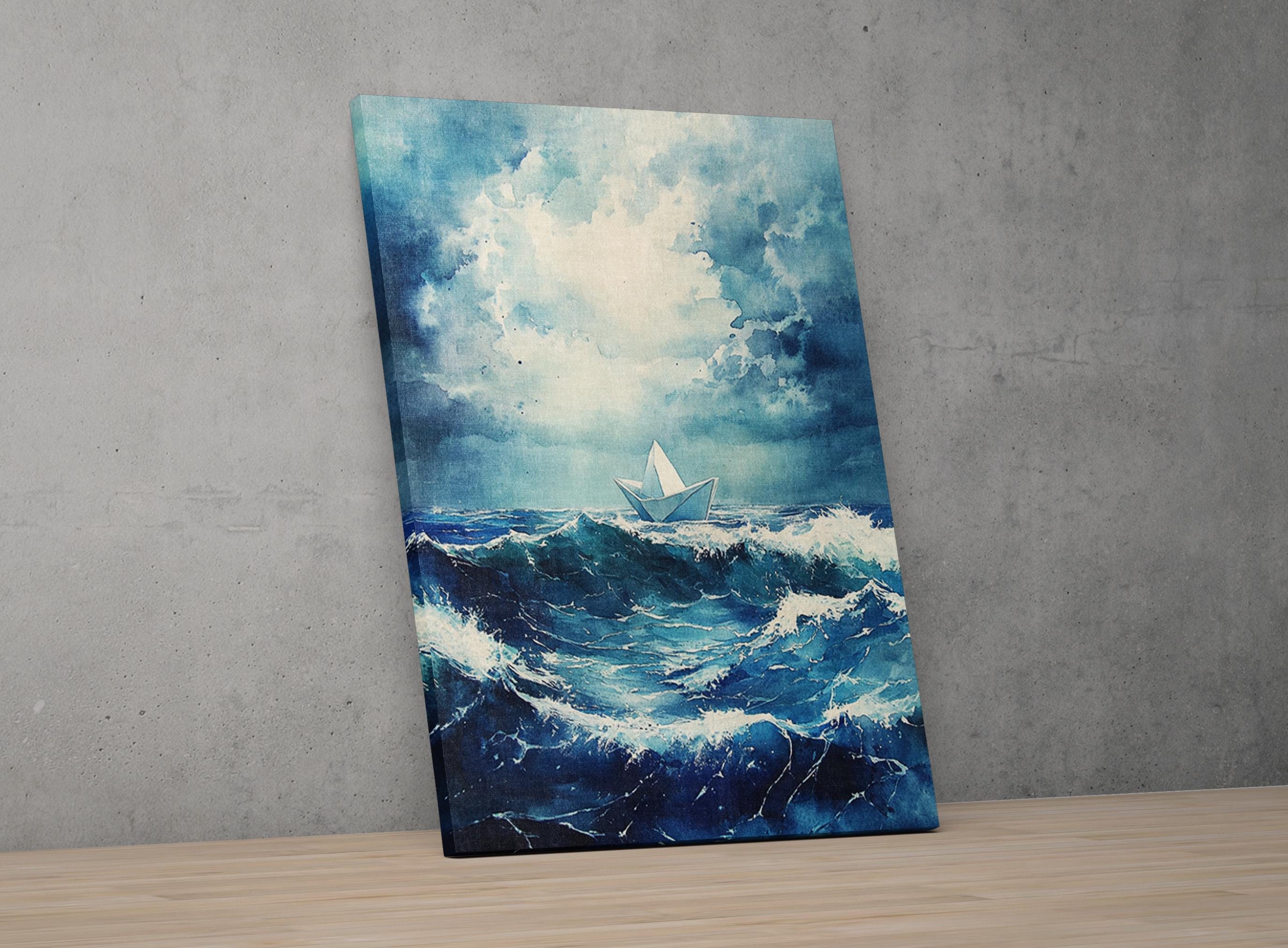 a small boat sailing on a stormy sea, with large waves crashing around it.