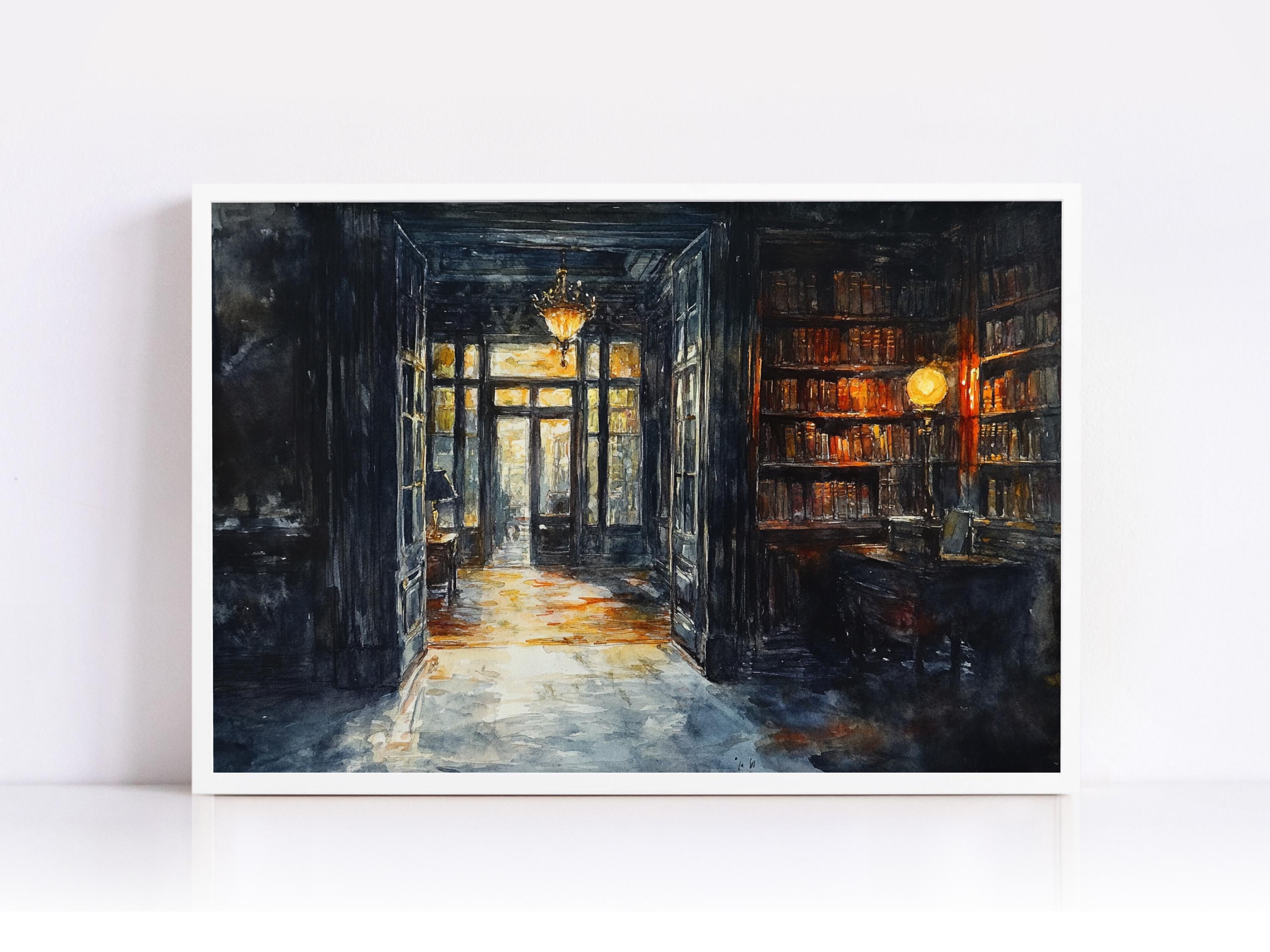 a dimly lit, cozy library with a large bookshelf filled with books, a desk with a lamp, and a doorway leading to another room.