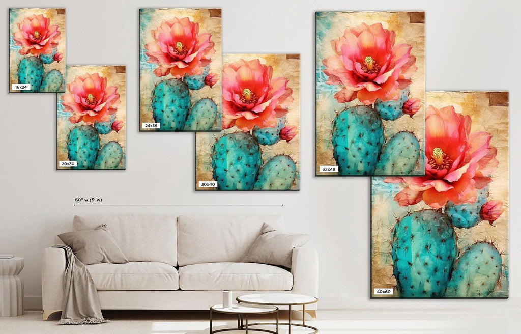 The image is a living room with a white sofa and a coffee table. There are multiple framed paintings of cacti and flowers on the wall, including a large painting of a cactus with a pink flower. The paintings are arranged in a grid-like pattern, creating a visually appealing display.