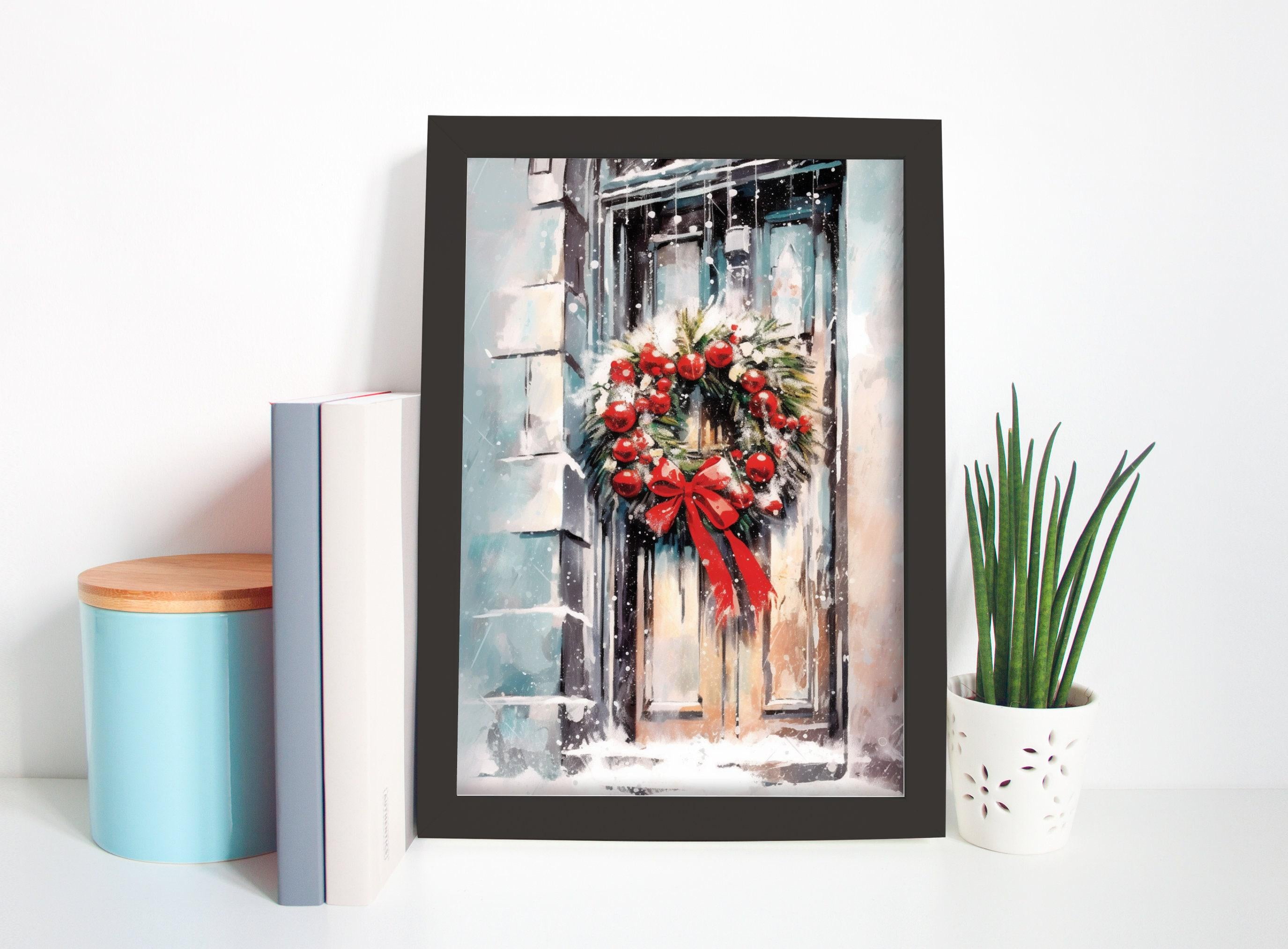Festive Christmas Wreath Watercolor - Holiday Wall Art, Print on Canvas, Artist Paper, Watercolor Paper, Available in Extra Large Sizes