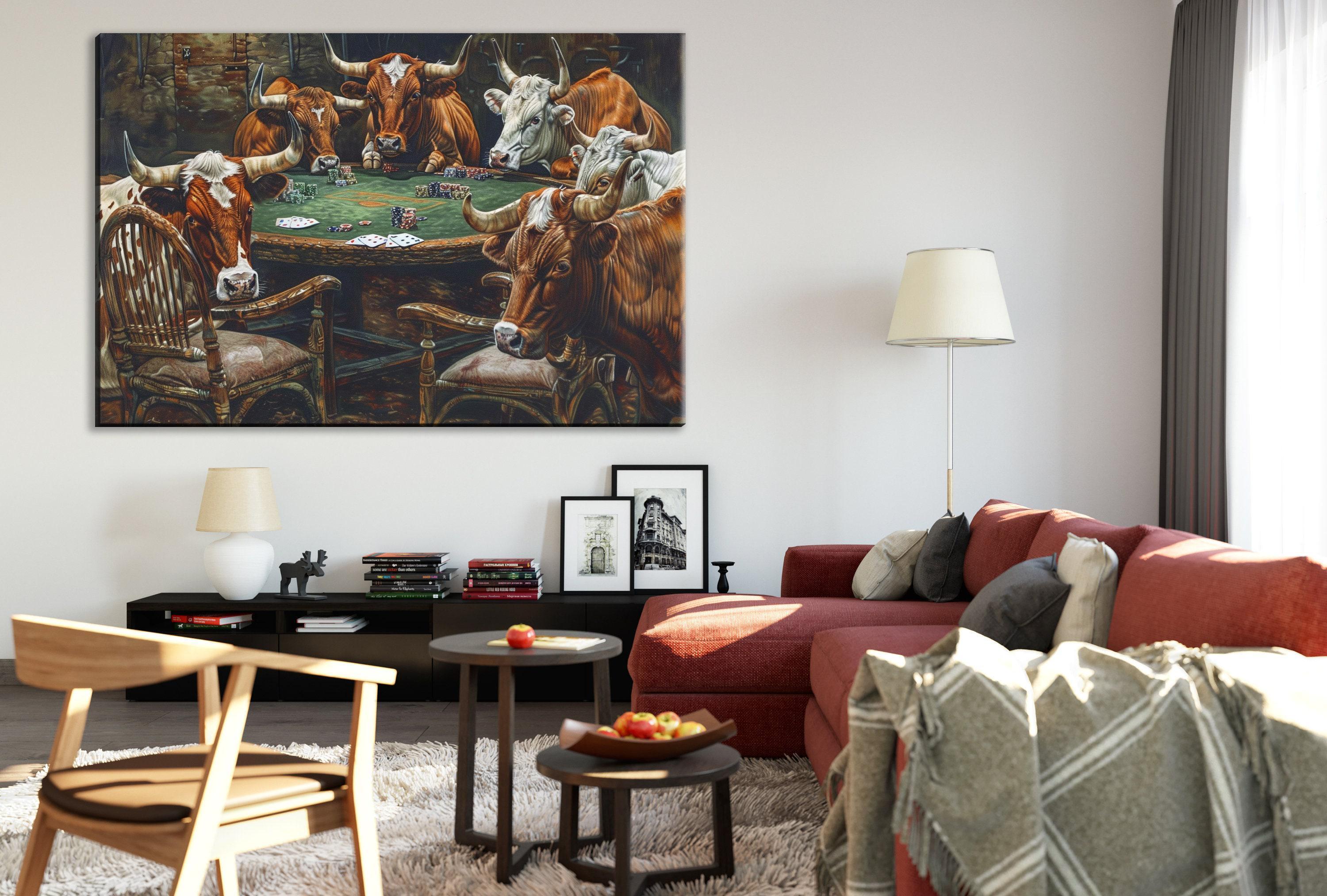 a cozy living room with a large painting of cows playing poker on the wall. The room is furnished with a red couch, a wooden chair, and a coffee table with a bowl of fruit. The painting adds a unique and whimsical touch to the space.
