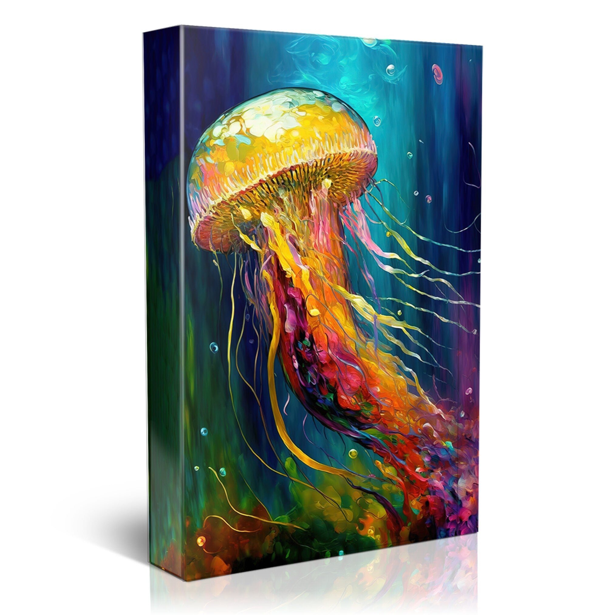 Jellyfish Canvas Art – Vibrant Sea Life Painting on Gallery Ready Wooden Frame