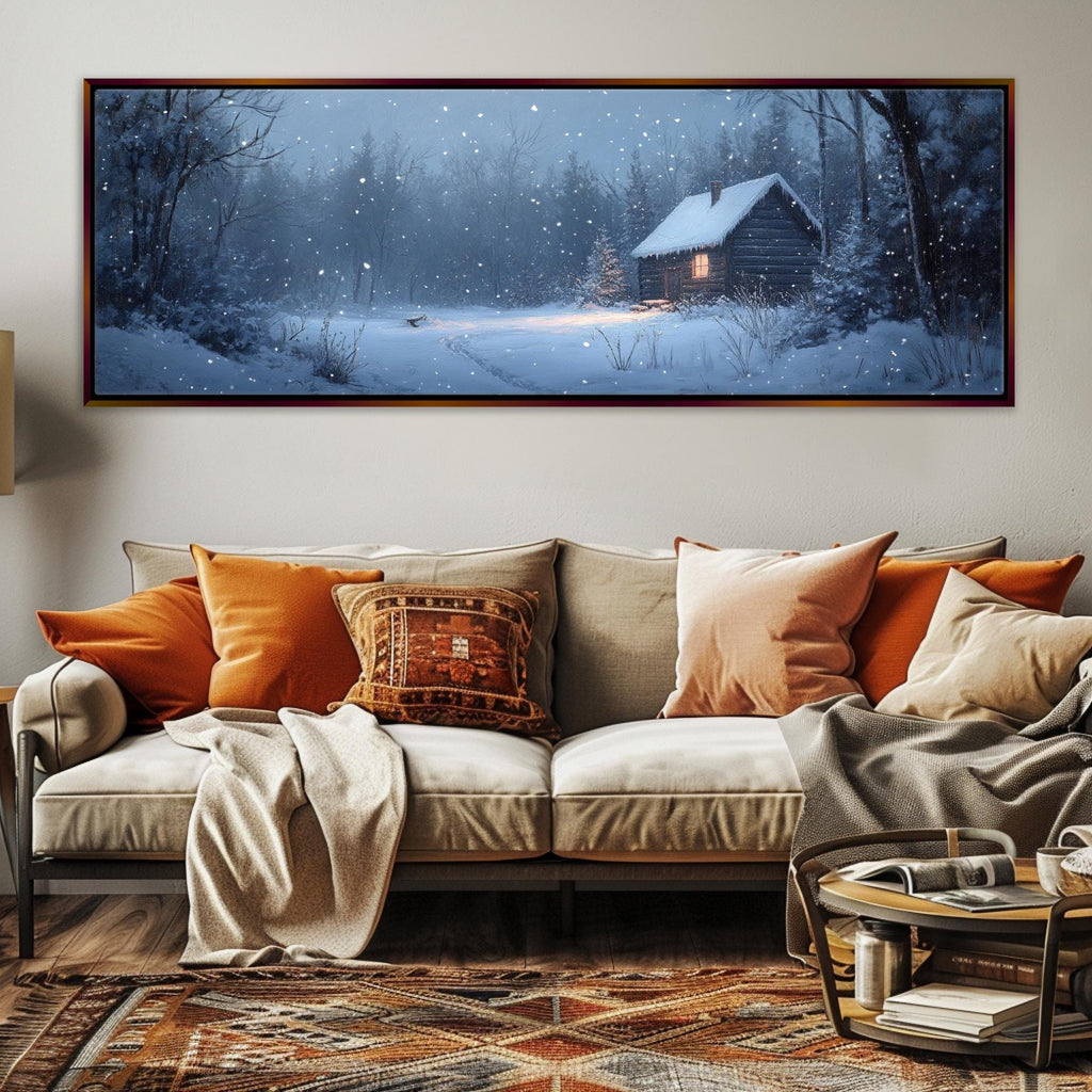 a living room with a couch and a painting on the wall