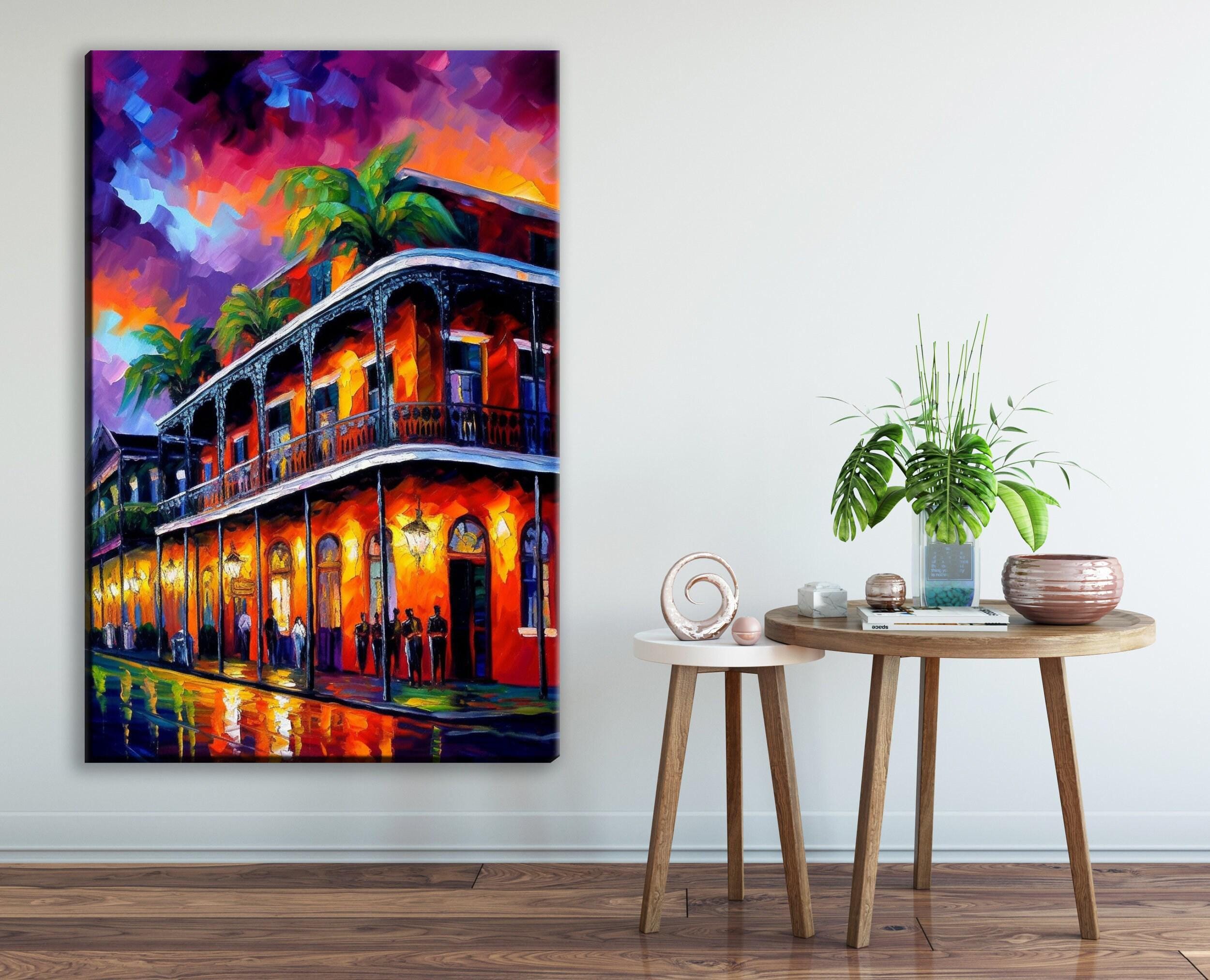 New Orleans Canvas Art - Vibrant Bourbon Street Painting on Real Wood Frame