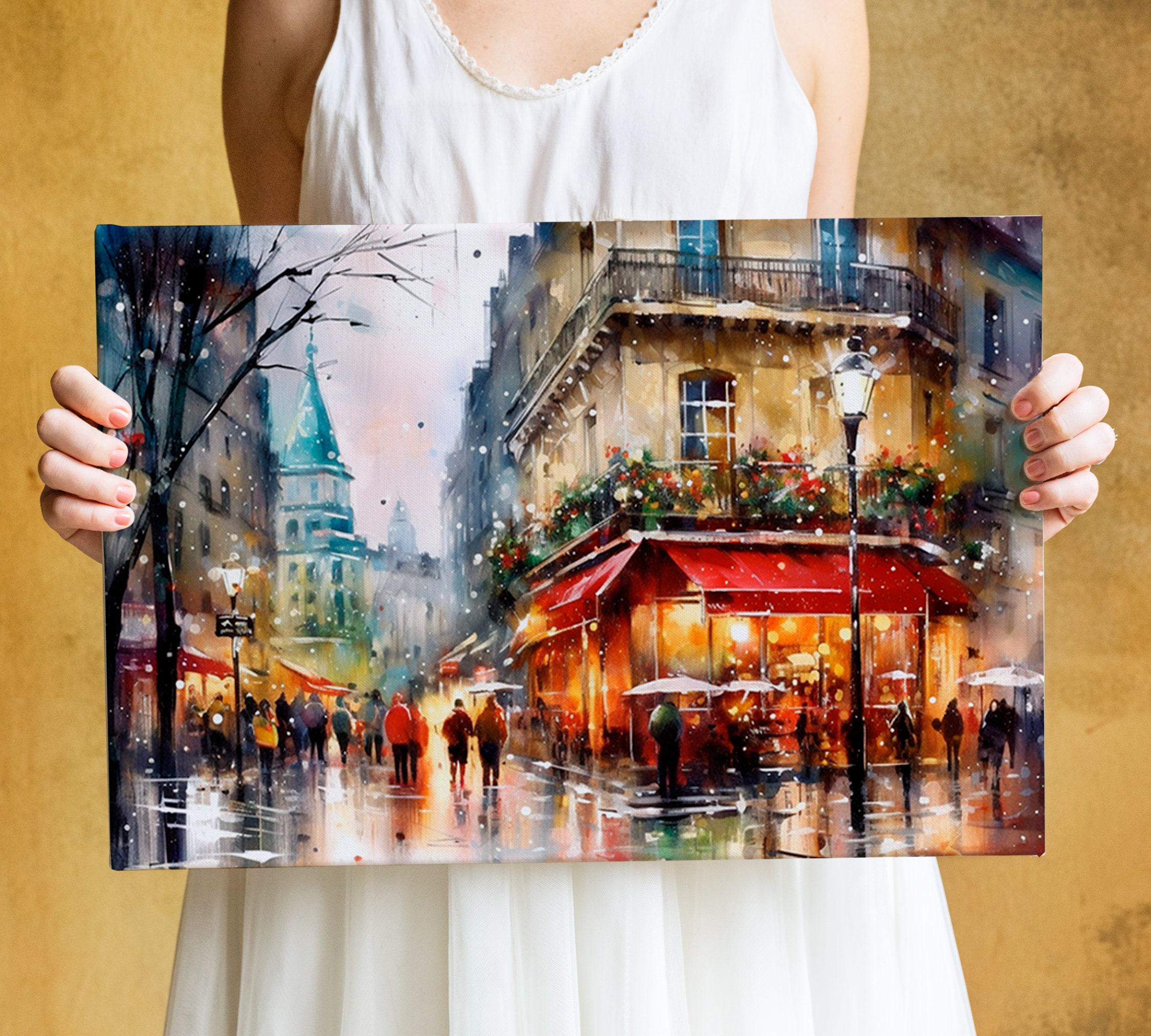 Christmas Watercolor Cityscape - Paris Holiday Wall Art, Print on Canvas, Artist Paper, Watercolor Paper, Available in Extra Large Sizes