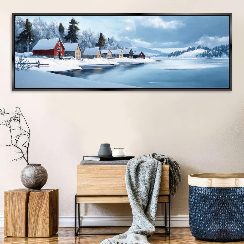 a painting of a winter scene with a red house