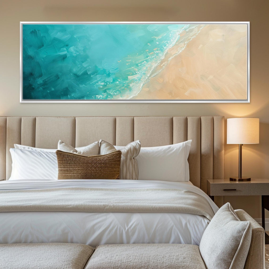 a bedroom with a large painting on the wall above the bed