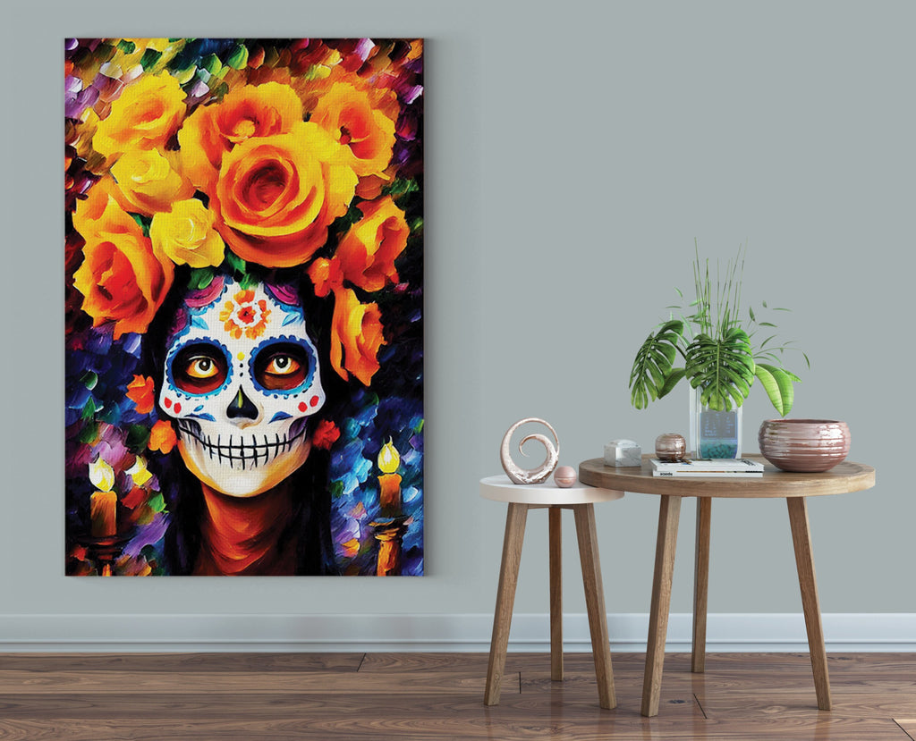 Dia De Los Muertos Canvas – Vibrant Sugar Skull Painting on Gallery Ready Wooden Frame