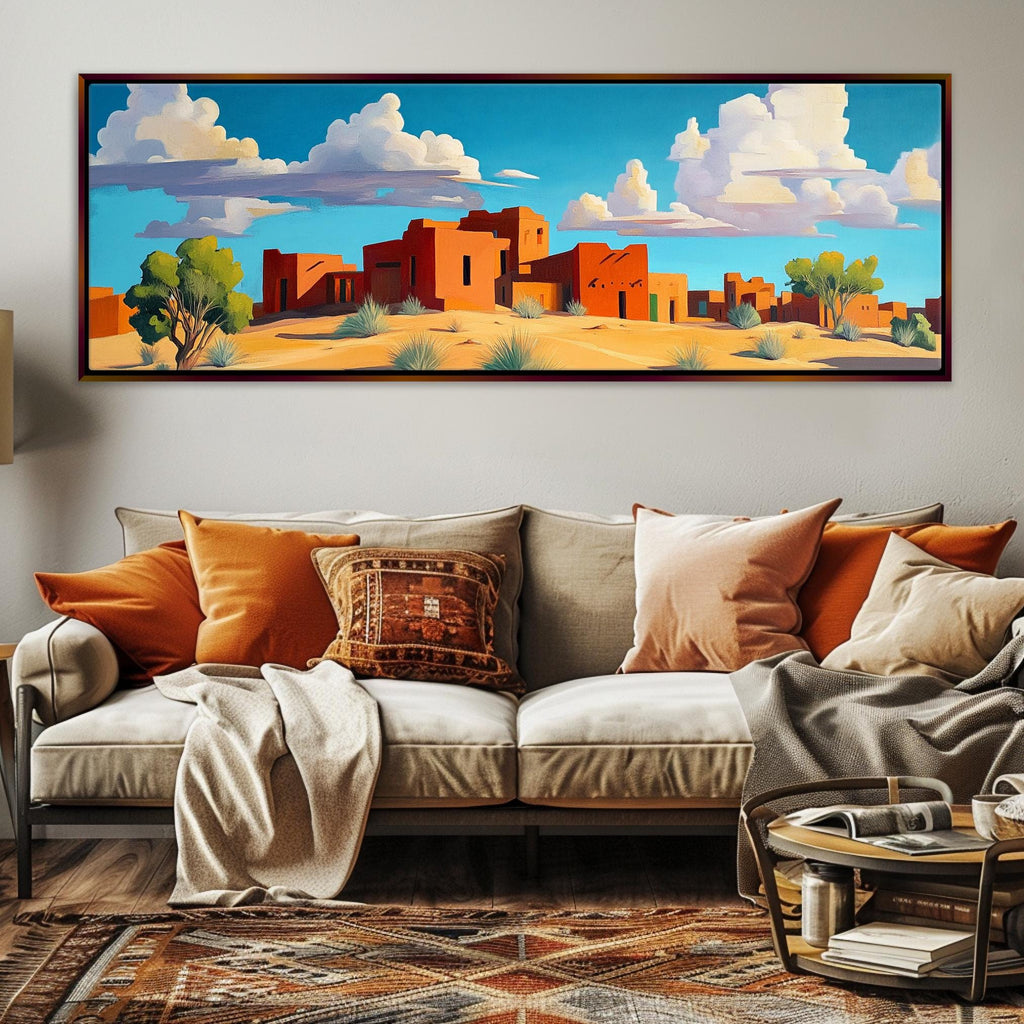 a living room with a couch and a painting on the wall