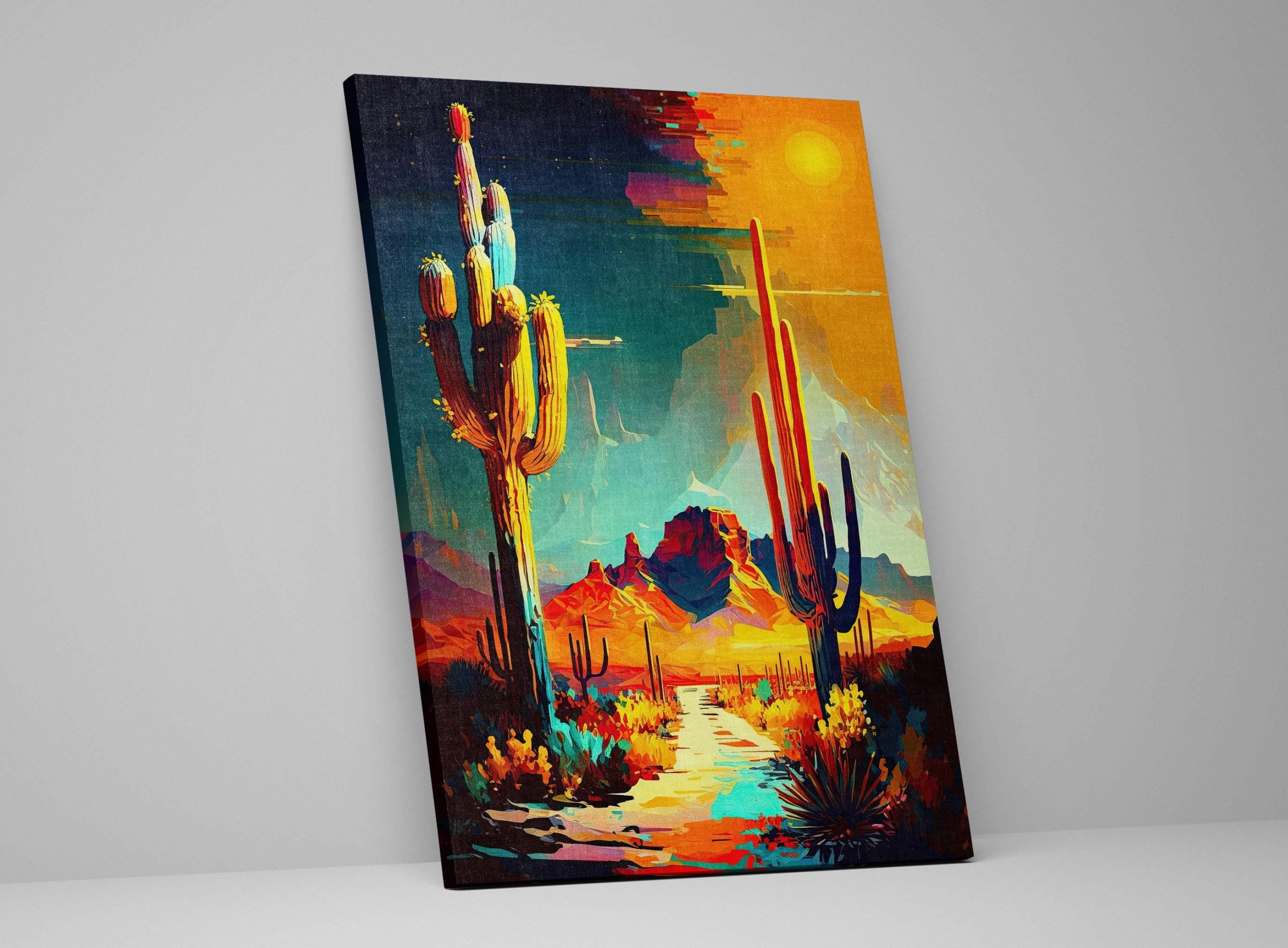 The image is a vibrant, colorful painting depicting a desert landscape with cacti, mountains, and a bright sun in the sky.