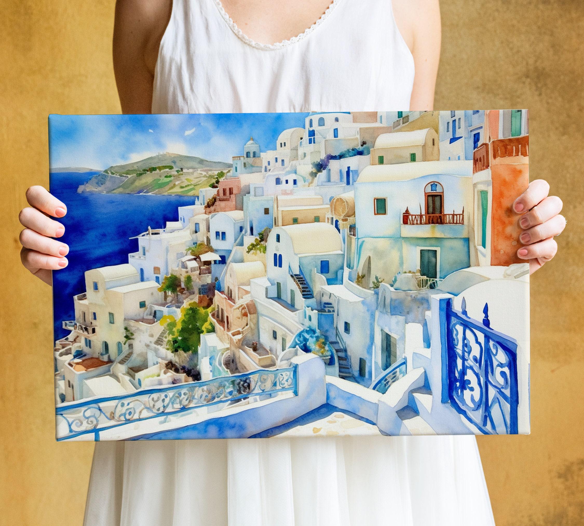 Santorini Village Watercolor, Coastal Greece Art, Giclee Print on Canvas, Artist Paper, Watercolor Paper, Available in Extra Large Sizes