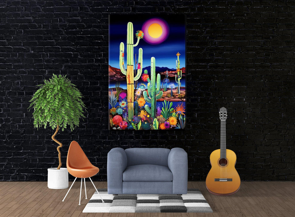 Desert Night Painting – Large Canvas Art | Southwest Wall Art, Twilight Desert Decor