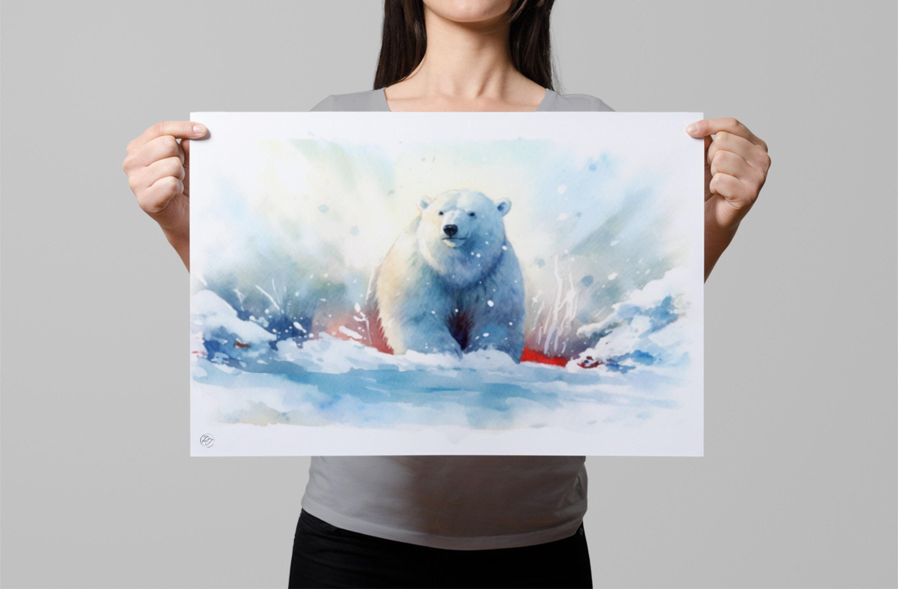 Icy Wonderland: Polar Bear Watercolor Painting - Giclee Print on Canvas, Artist Paper, Watercolor Paper, Available in Extra Large Sizes