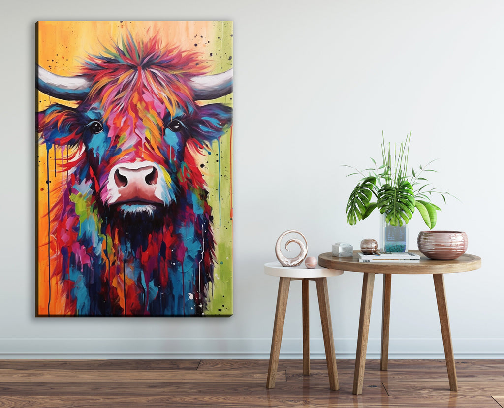 Baby Highland Cow Canvas - Colorful Rustic Calf Painting | Farmhouse Wall Art