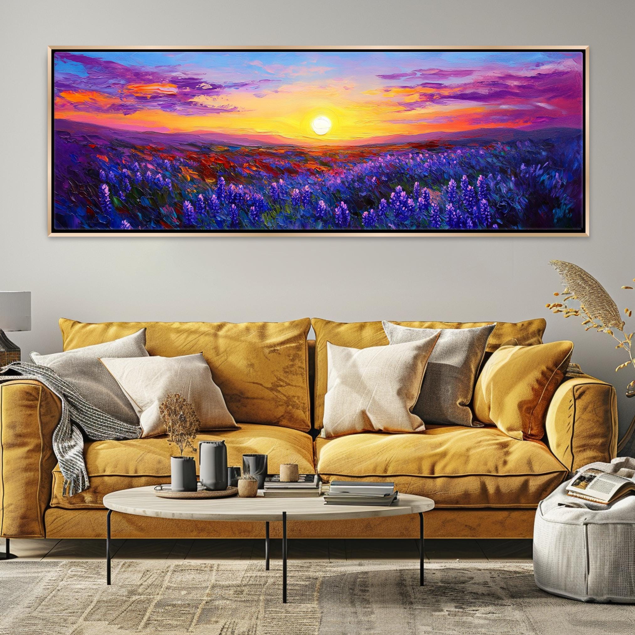 a living room with a couch and a painting on the wall