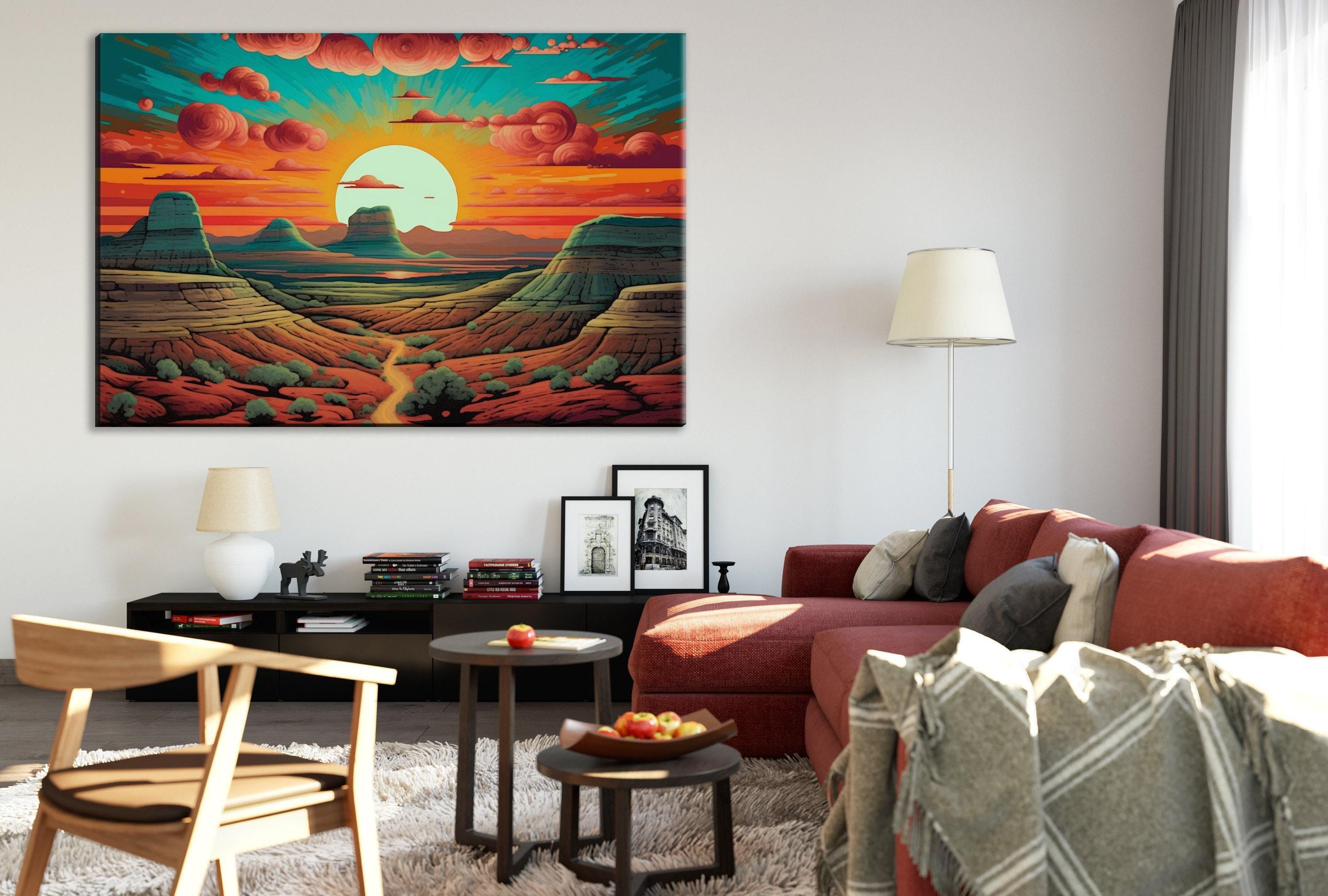 a cozy living room with a large, colorful painting of a desert landscape hanging on the wall. The room is furnished with a red couch, a wooden chair, and a coffee table with a bowl of fruit. The overall atmosphere of the room is warm and inviting, with the painting serving as a focal point and adding a touch of nature to the space.