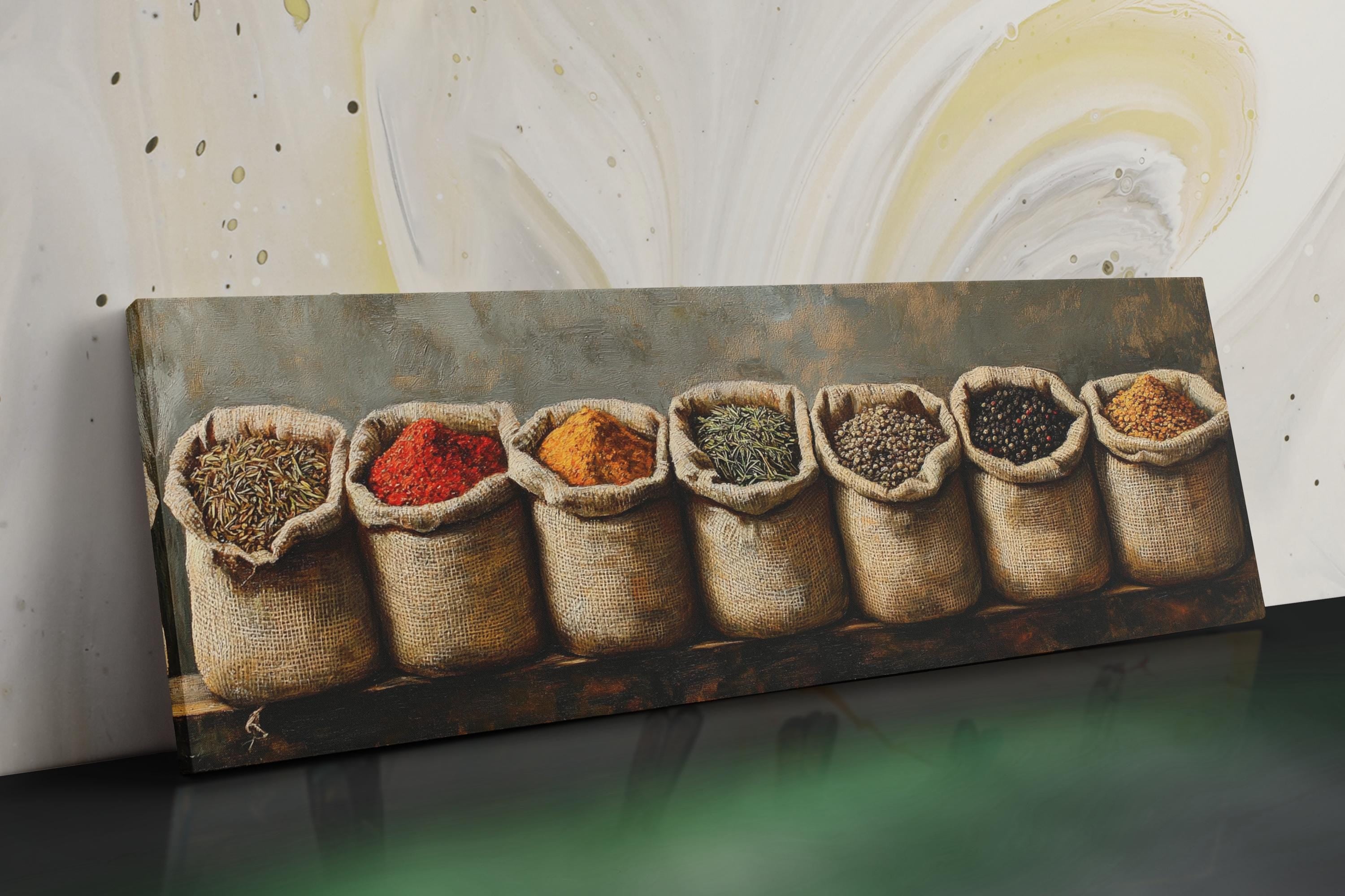 a painting of a row of bags filled with spices