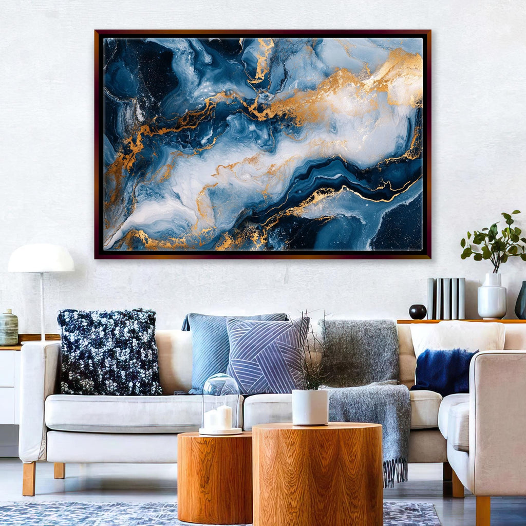 a living room filled with furniture and a painting on the wall