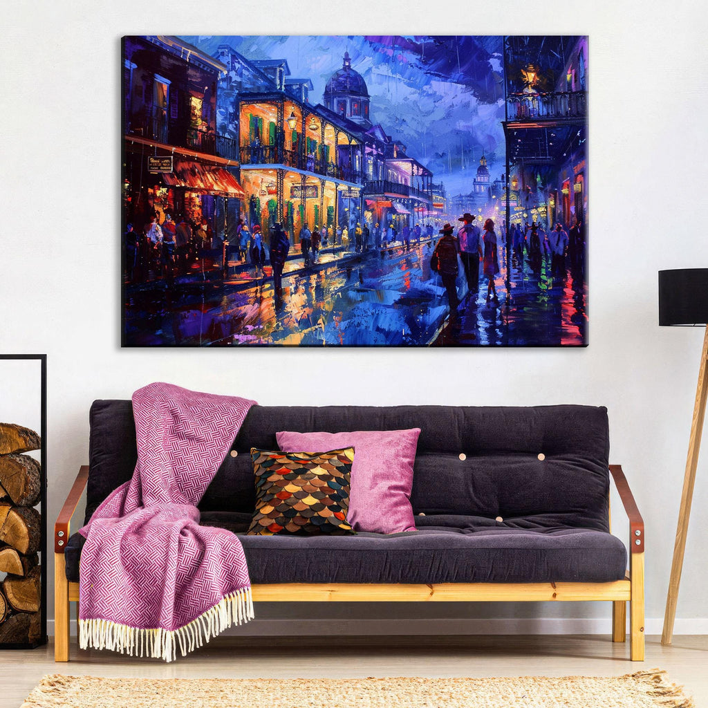 a vibrant and lively street scene with colorful buildings, people walking, and a wet street reflecting the lights.
