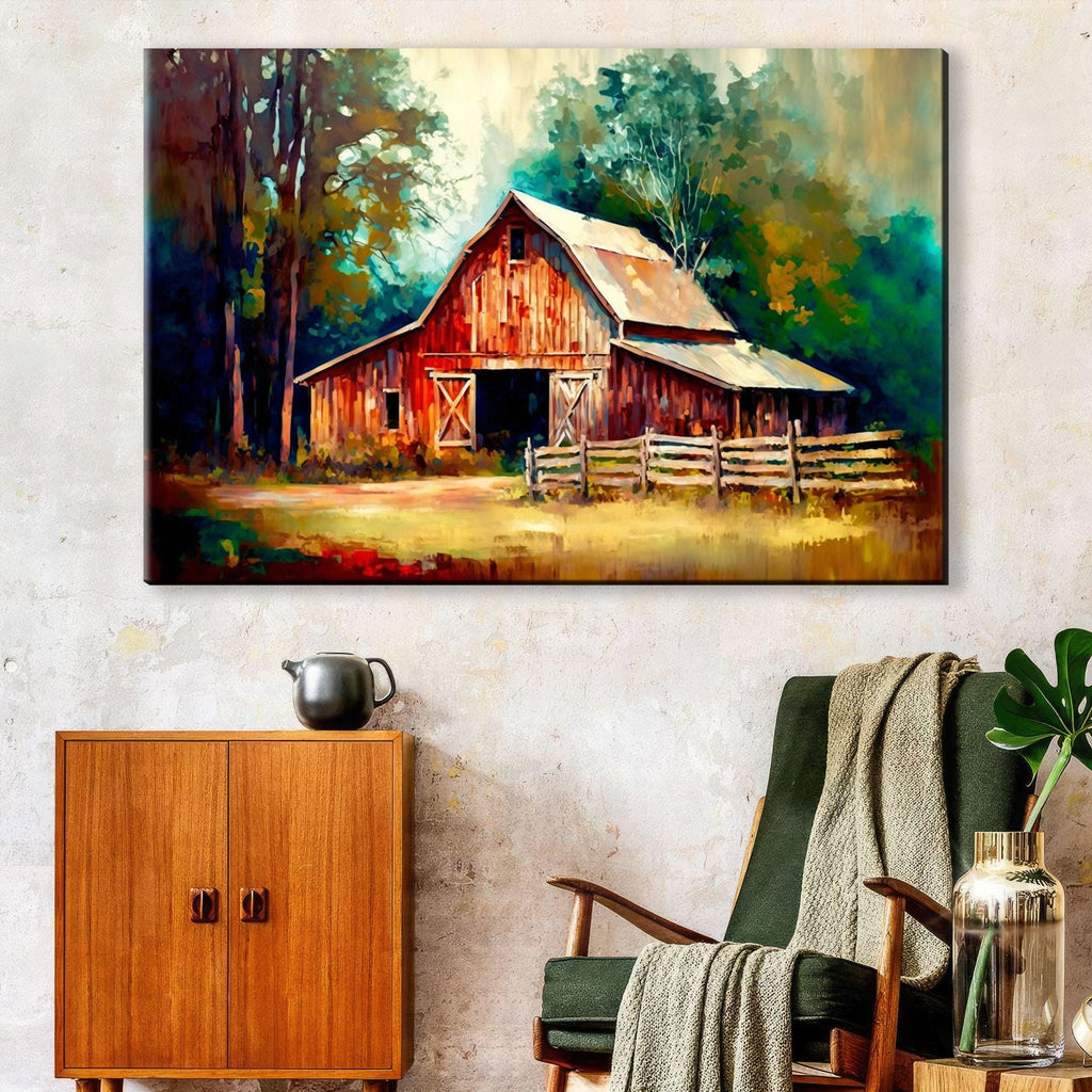 Farmhouse Canvas Art - Large Canvas Print | Rustic Style Art with Old Red Barn