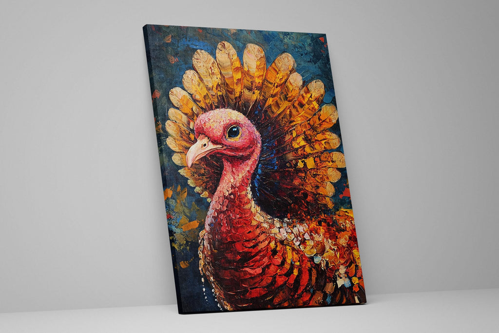 The image is a vibrant painting of a turkey, featuring a close-up of its head and neck with a large, colorful fan of feathers.