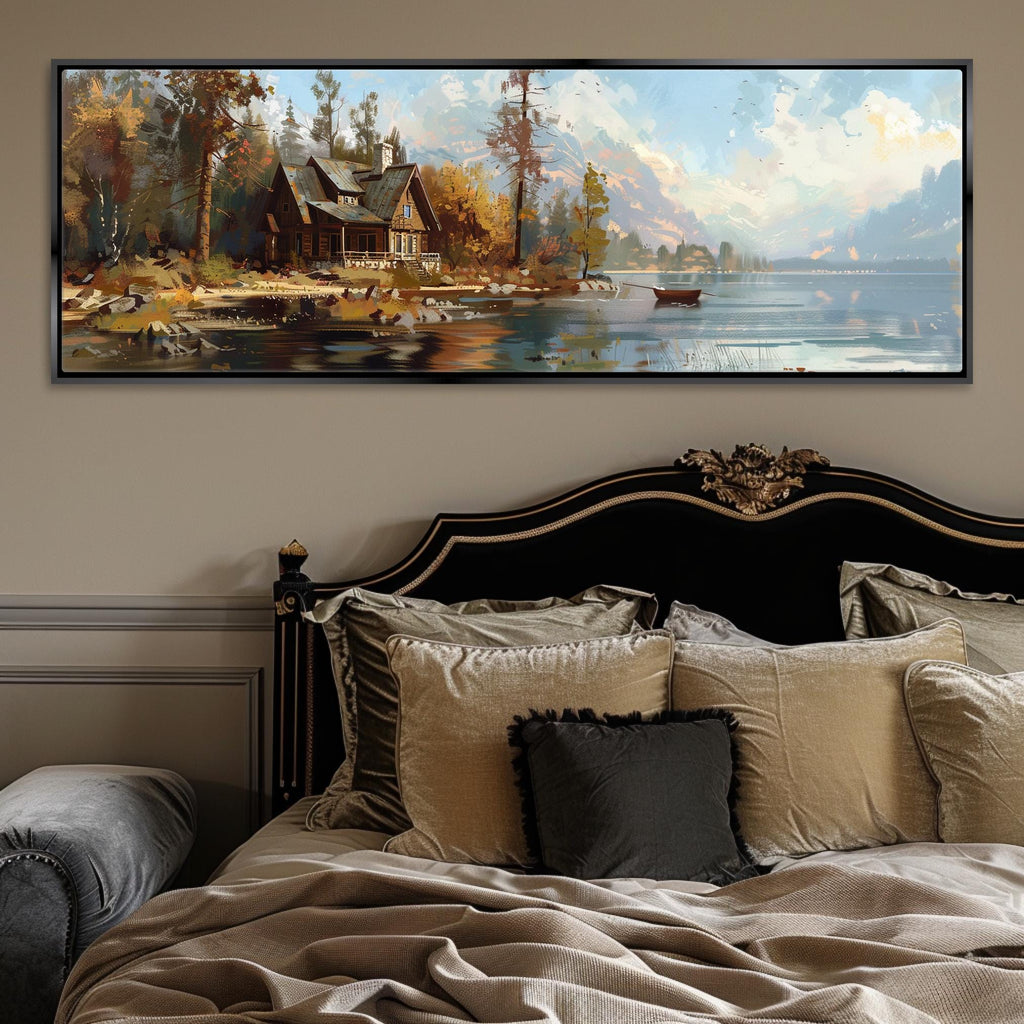 a bed with a painting on the wall above it