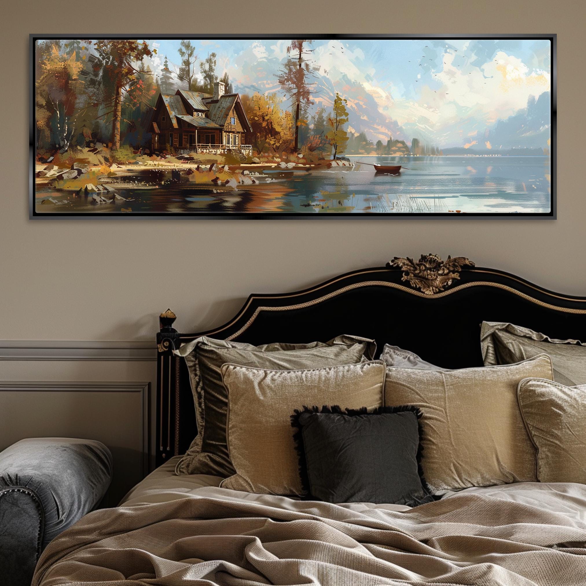 a bed with a painting on the wall above it