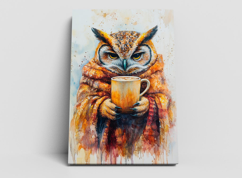 A painting of an owl wrapped in a blanket and holding a cup of coffee.