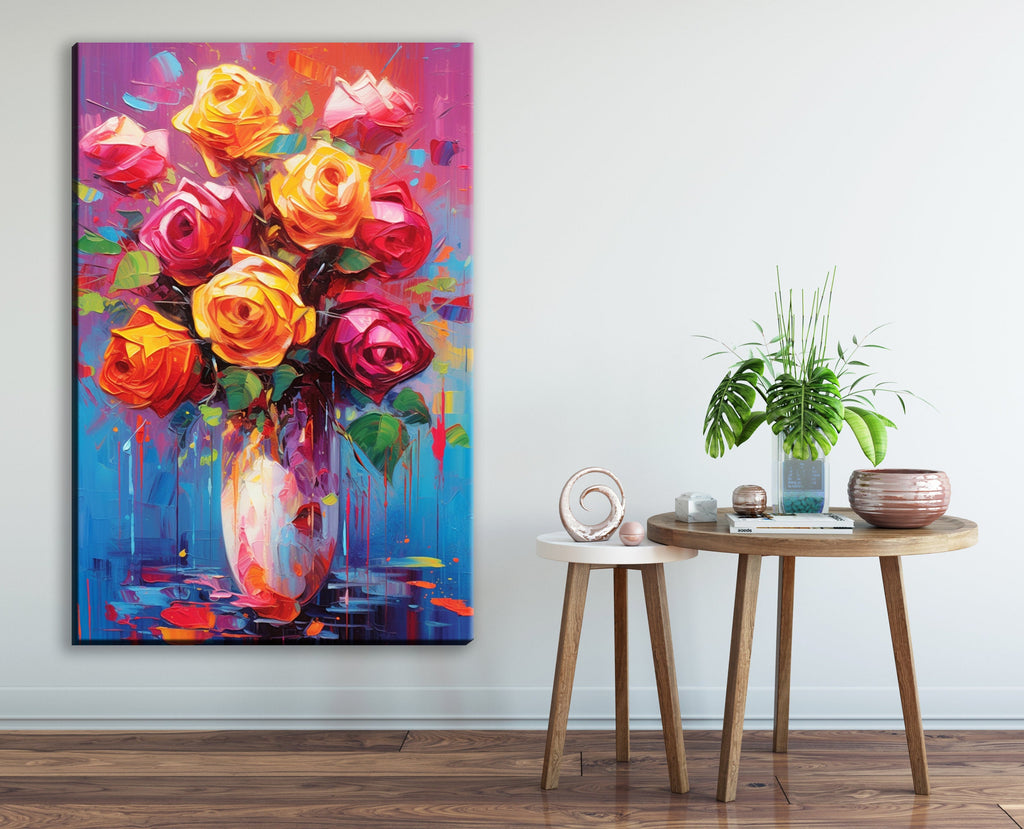 Rose Bouquet Canvas – Large Floral Wall Decor | Vibrant Abstract Roses Art Print