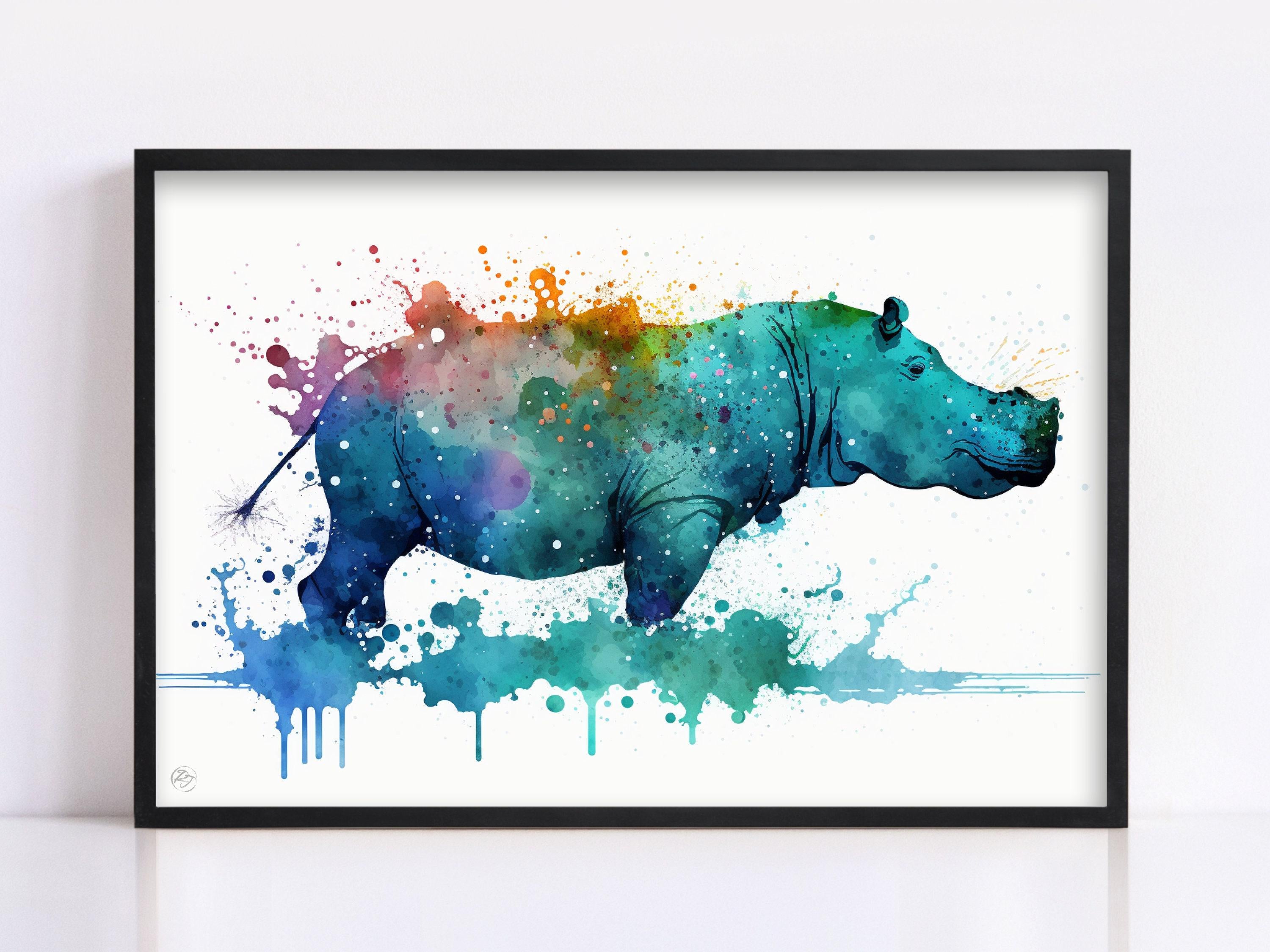 Riverbank Royalty: Watercolor Hippo Wall Decor Print, Giclee Print on Canvas, Artist Paper, Watercolor Paper, Available in Extra Large Sizes