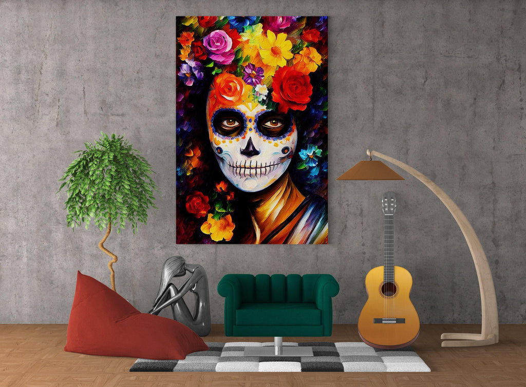 Sugar Skull Woman Canvas – Vibrant Day of the Dead Art | Floral Skull Print