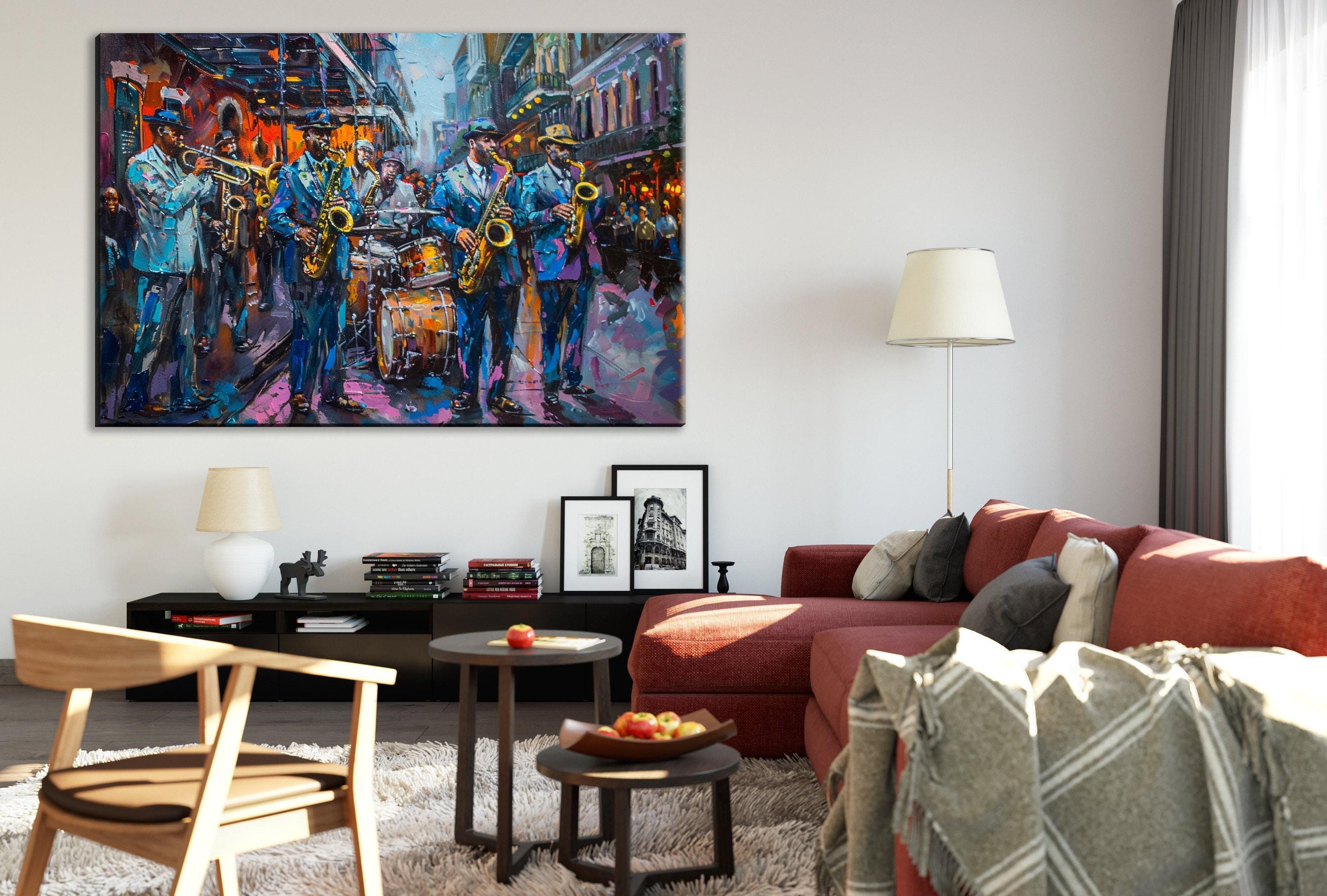 a vibrant and lively living room with a large painting of a jazz band on the wall, a red sofa, a wooden chair, and a coffee table with a bowl of fruit.