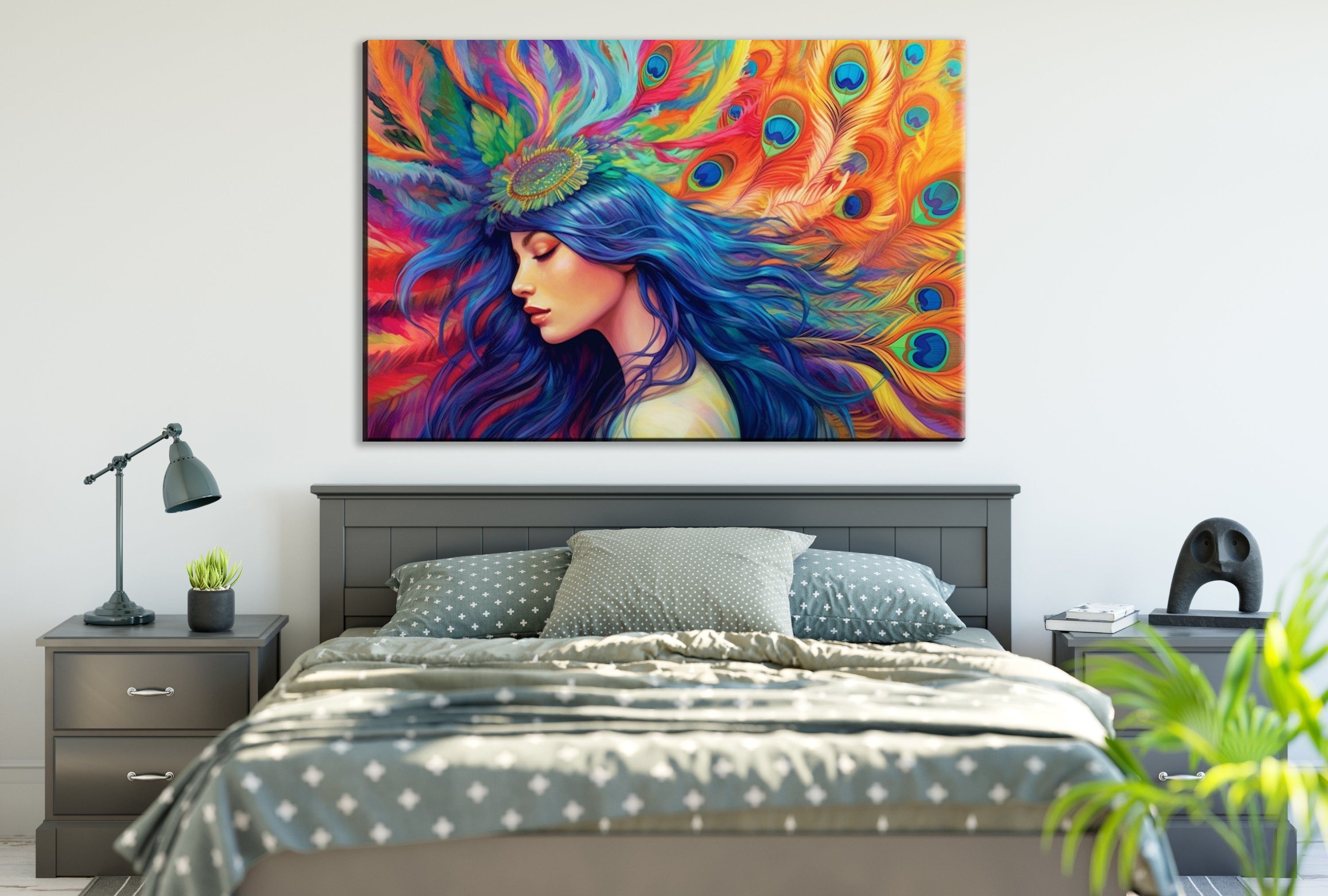 Peacock Feather Wall Art – Elegant Woman Portrait Canvas with Ornate Feather Headpiece