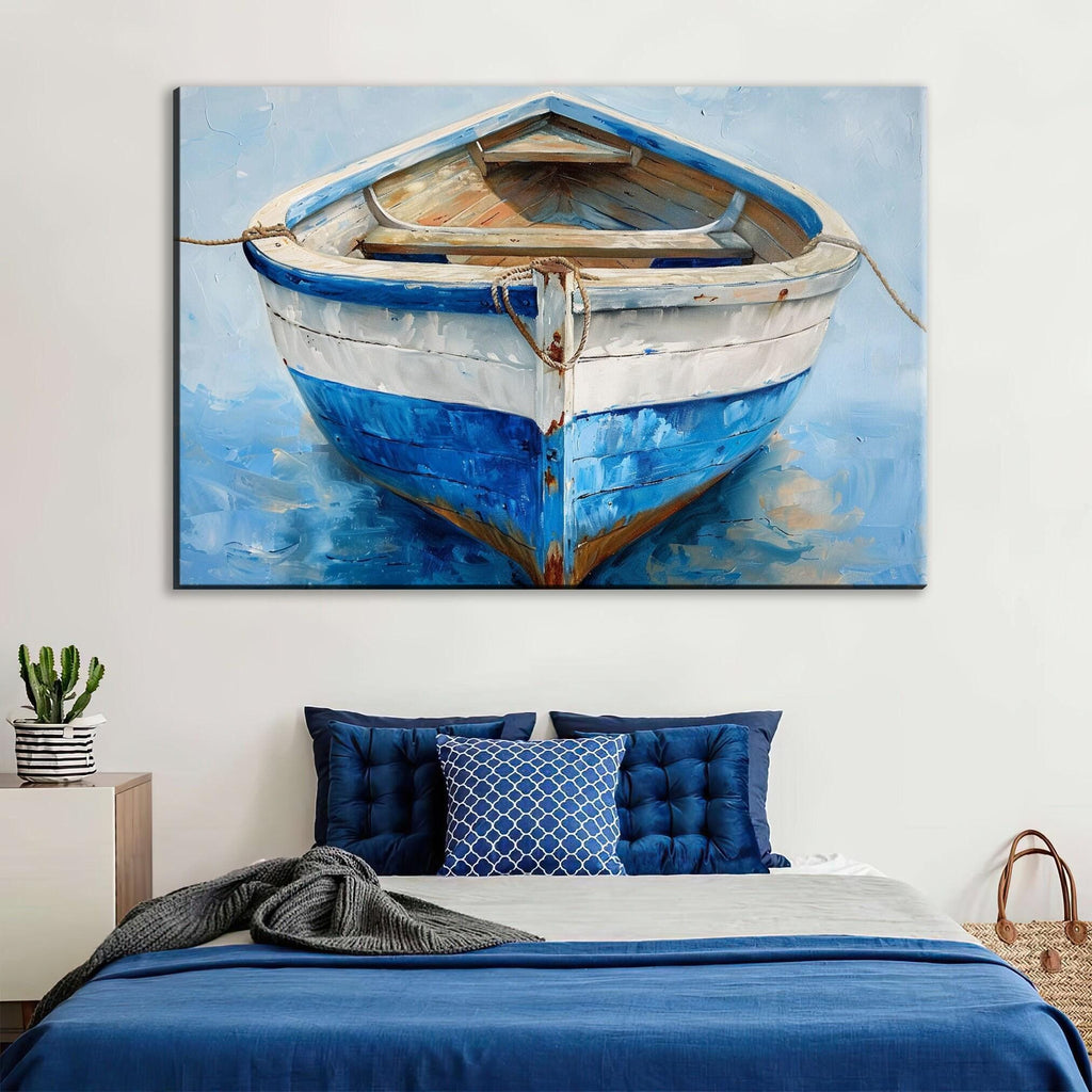 a blue and white striped boat floating on a body of water, with a cozy bedroom setting below featuring a bed with blue pillows and a gray blanket.