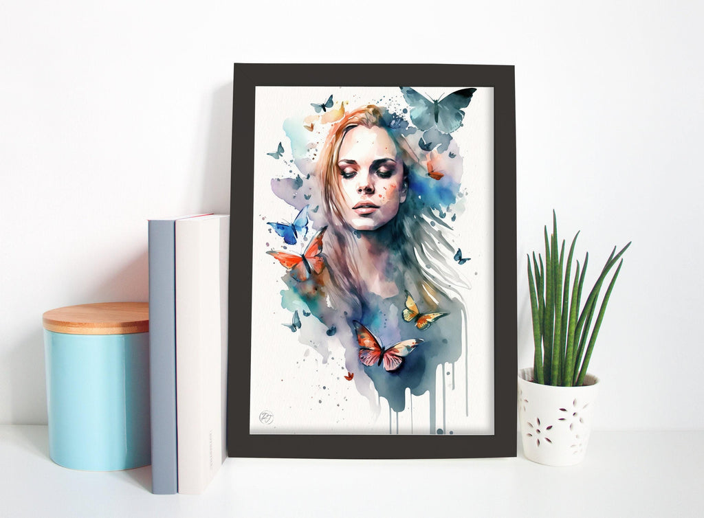 Dreamlike Elegance: Woman with Butterflies Watercolor Painting, Giclee Canvas, Artist and Watercolor Paper, Available in Extra Large Sizes