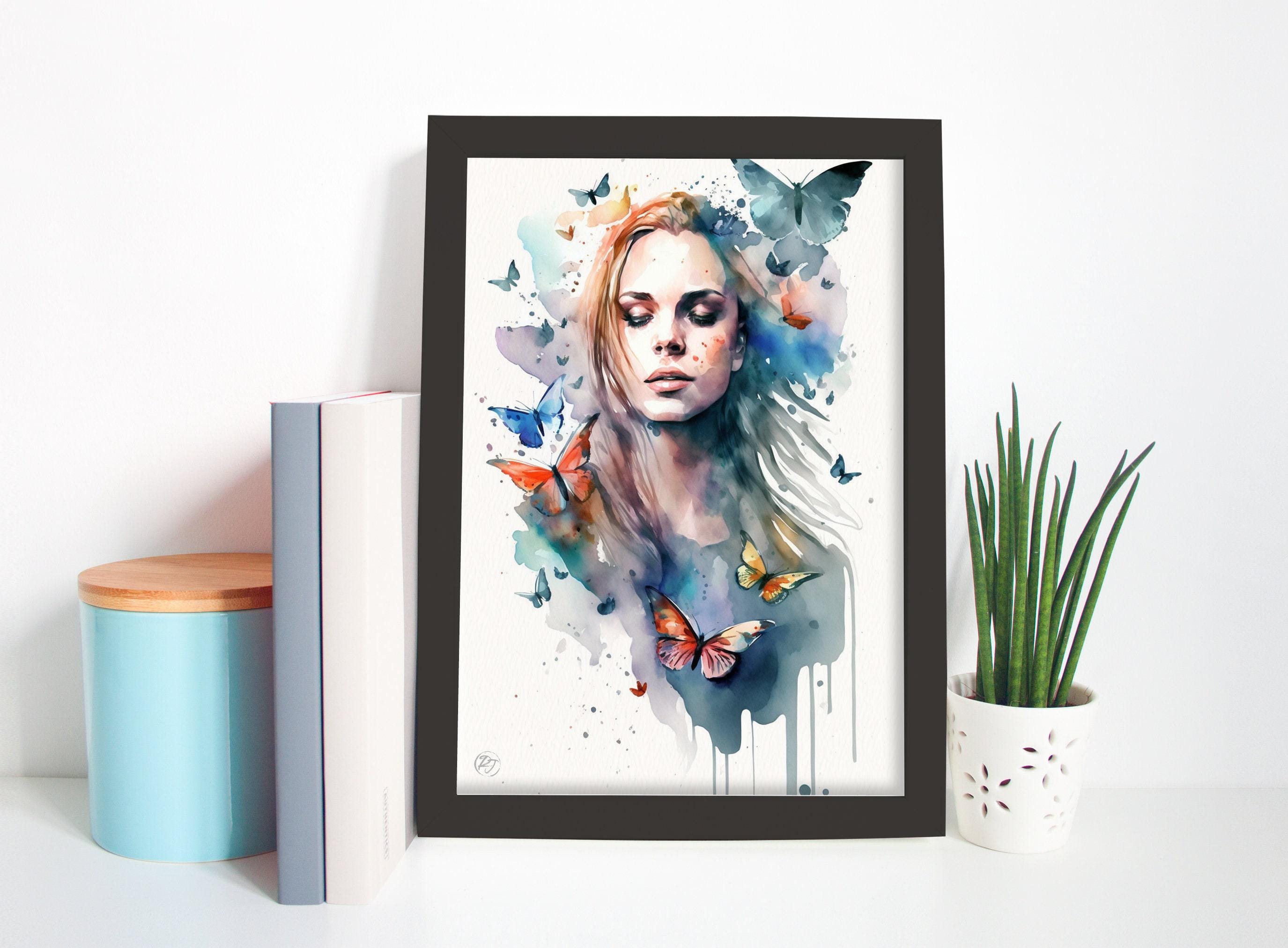 Dreamlike Elegance: Woman with Butterflies Watercolor Painting, Giclee Canvas, Artist and Watercolor Paper, Available in Extra Large Sizes