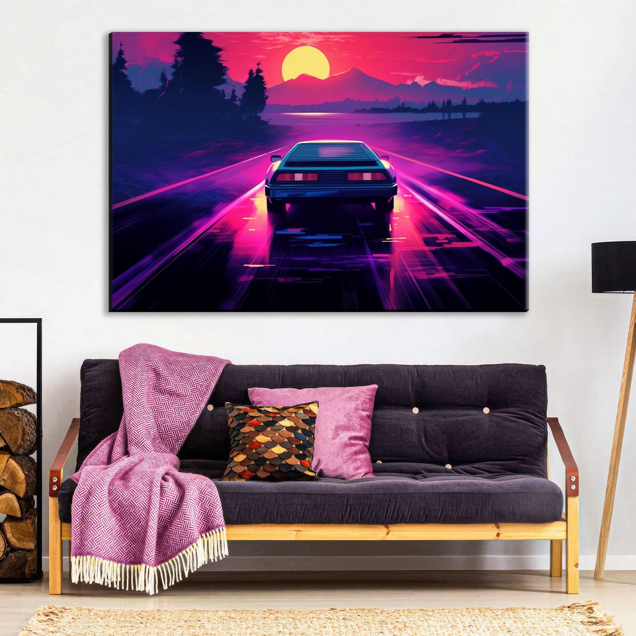 Neon Synthwave Canvas – 80s Outrun Art | Extra Large Gallery Wrapped Canvas Print